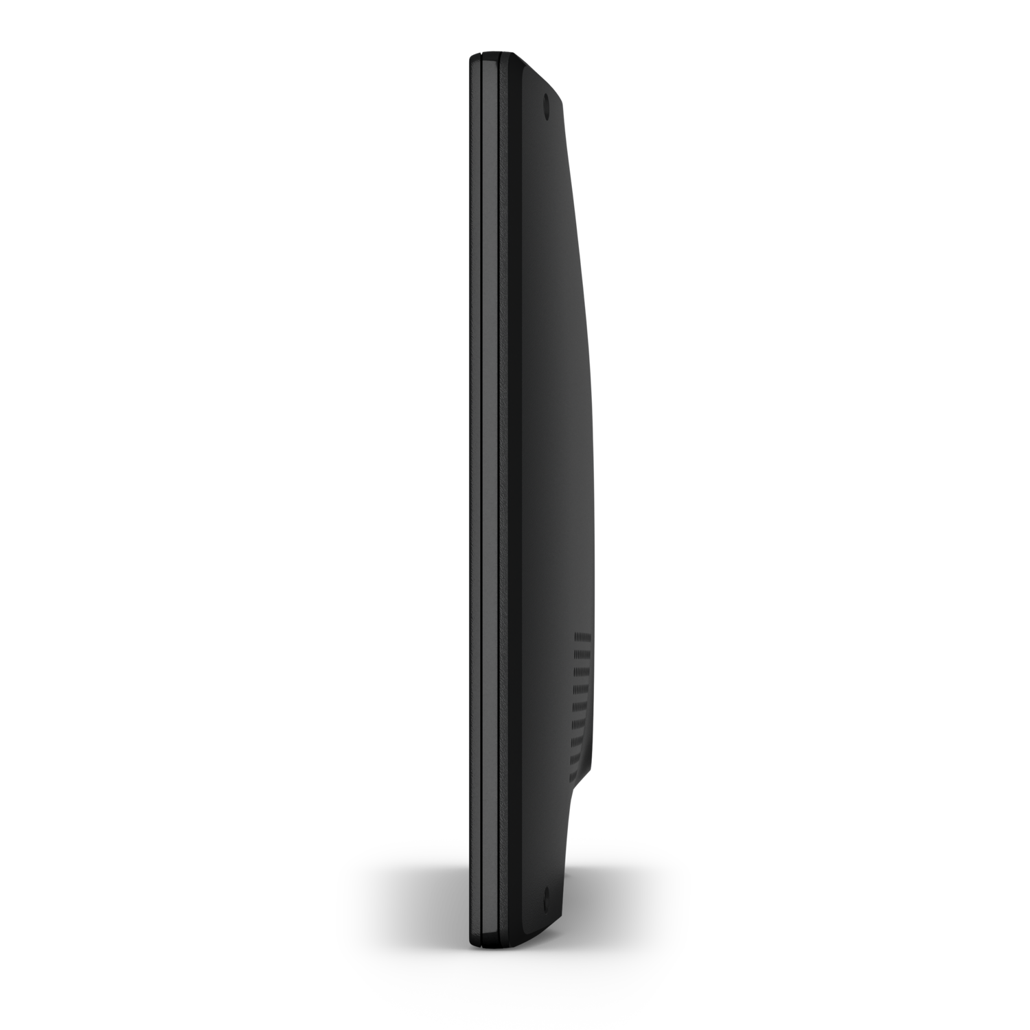 Side view of a black monitor with a thin bezel, set against a black backdrop.