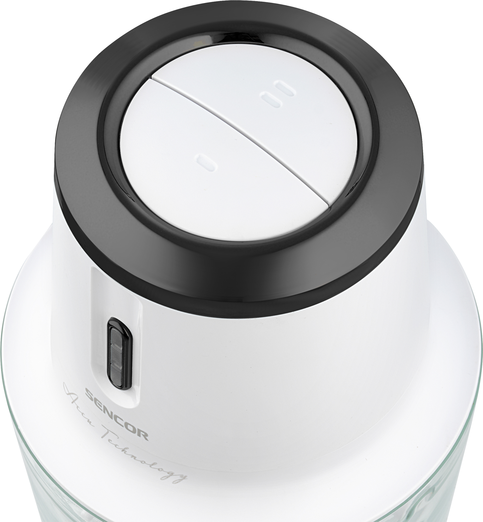 Fehér-fekete konyhai robotgép felülnézete két gombbal. Fehér test és üveg edény.