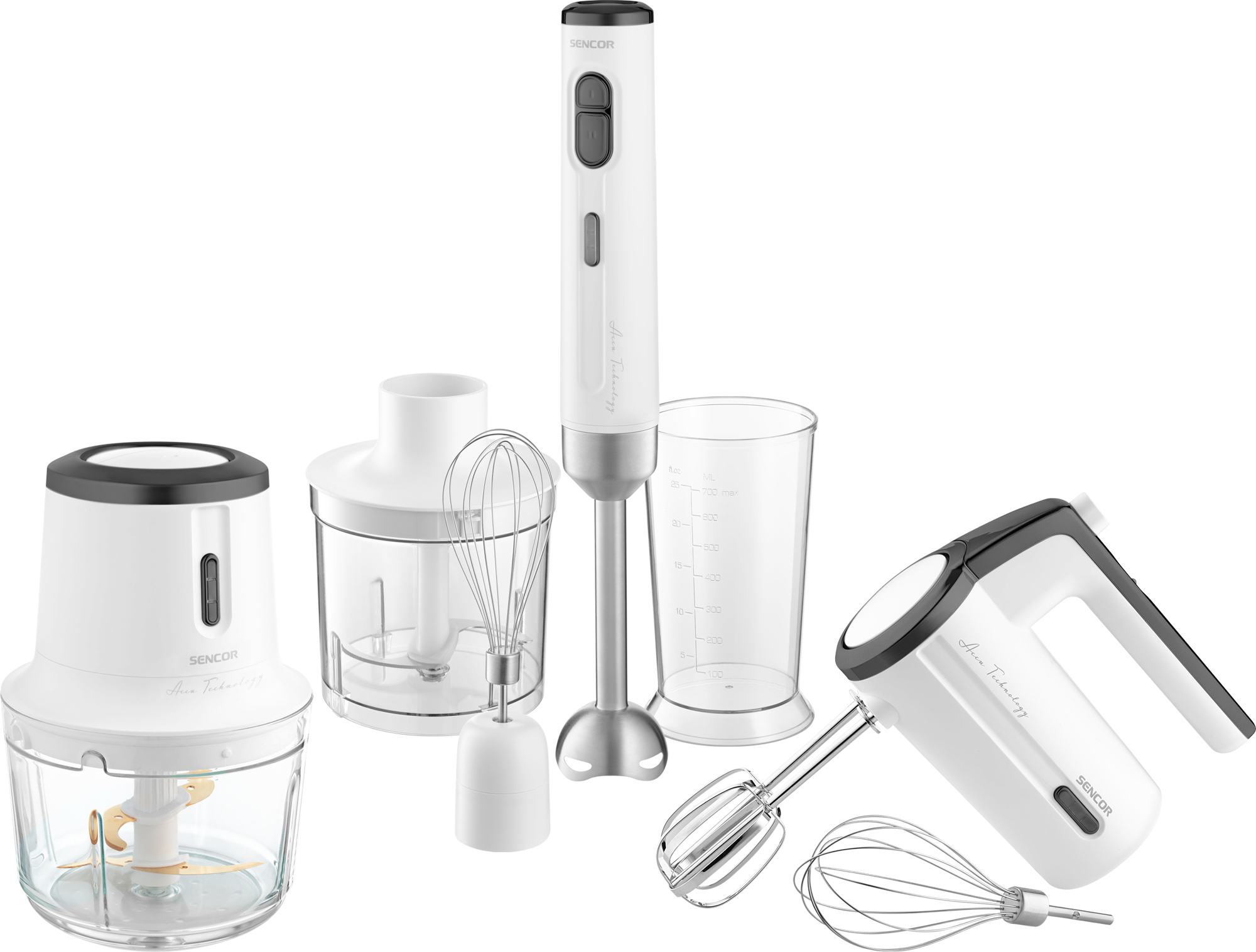 Fehér Sencor kézi mixer készlet. Tartalmaz aprítót, habverőt, mérőpoharat és kézi mixert.