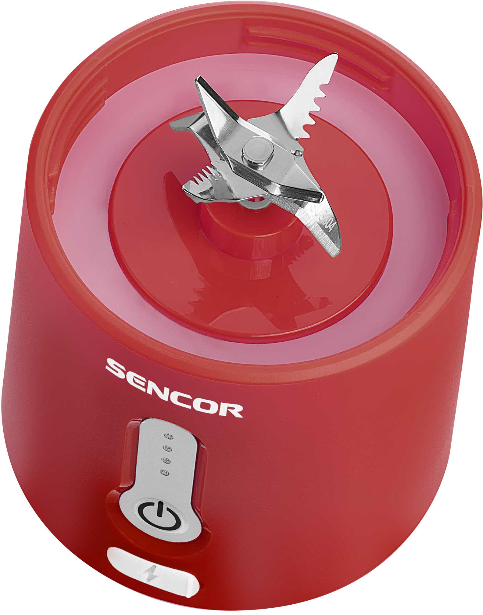 Piros-fehér mini turmixgép. A rozsdamentes acél pengék láthatók. A 'SENCOR' felirat látható elöl.