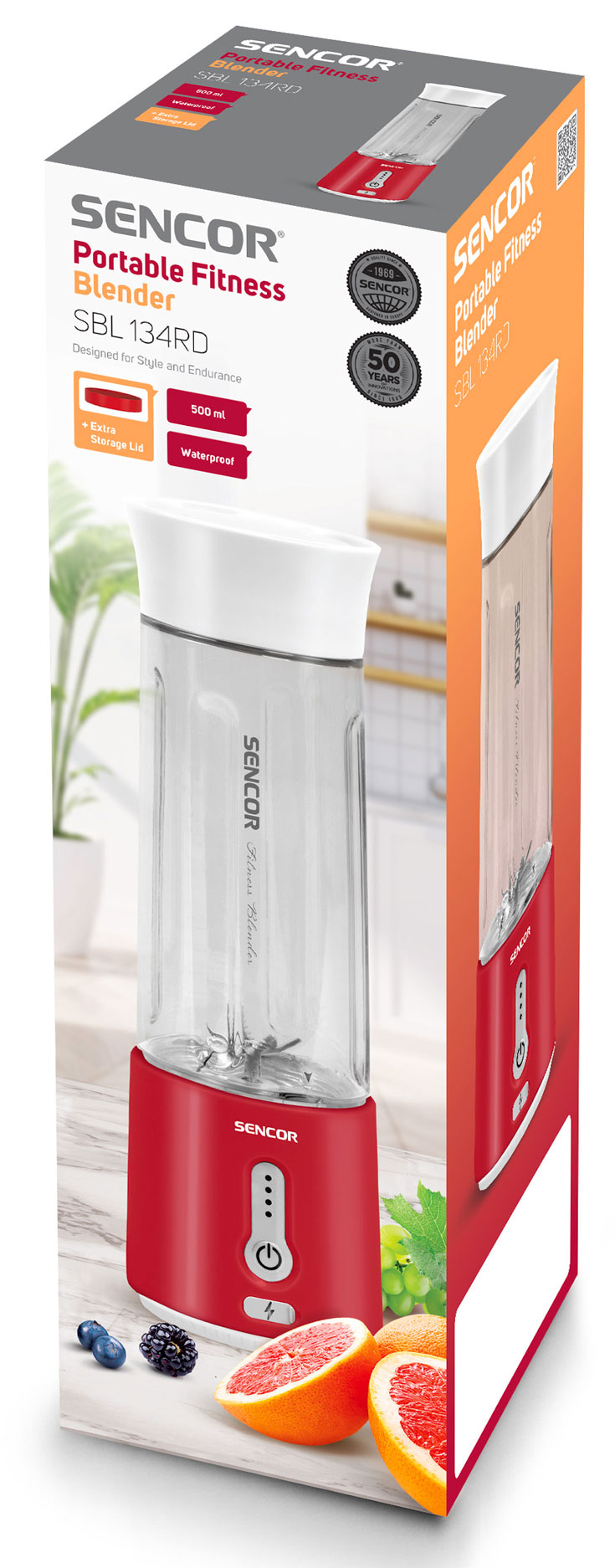 Dobozos piros-fehér SENCOR Portable Fitness Blender gyümölcs- és víz képpel.