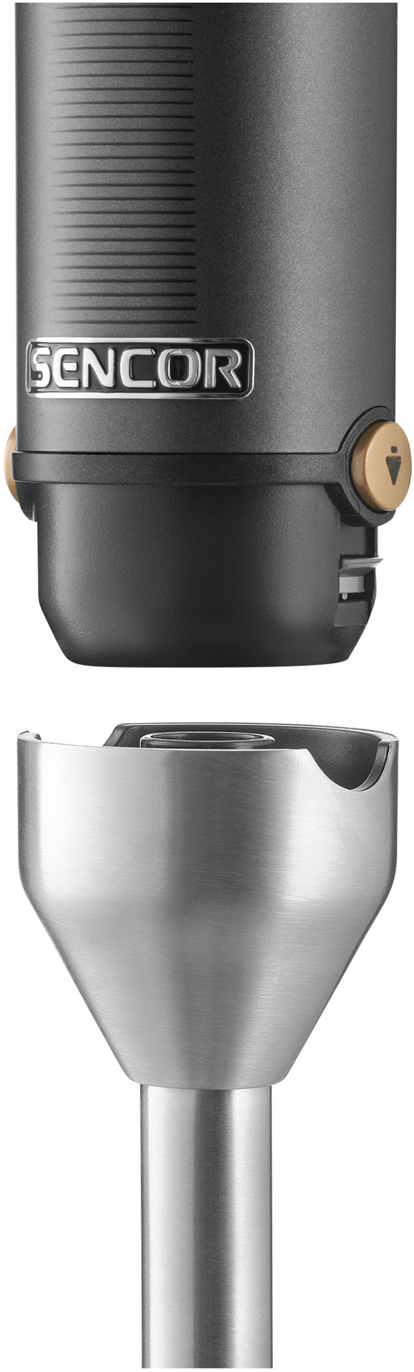 Fekete-ezüst botmixer, a mixer alja látható.