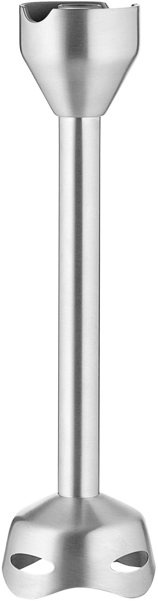 Rozsdamentes acél kézi mixer fej, fehér háttér.