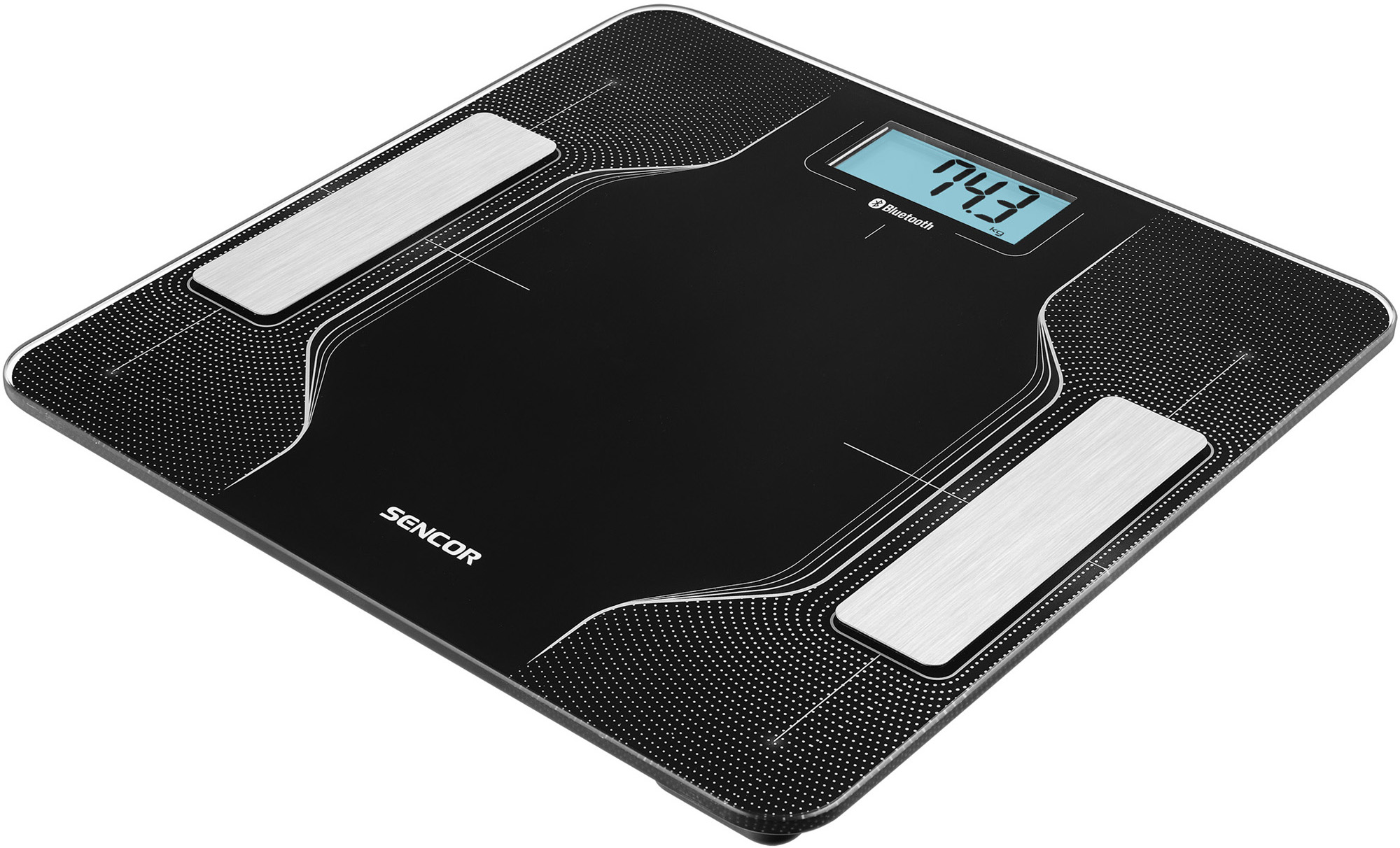 Fekete digitális fürdőszobamérleg, 74,3 kg-ot mutat, ezüst betétekkel, Bluetooth logóval.