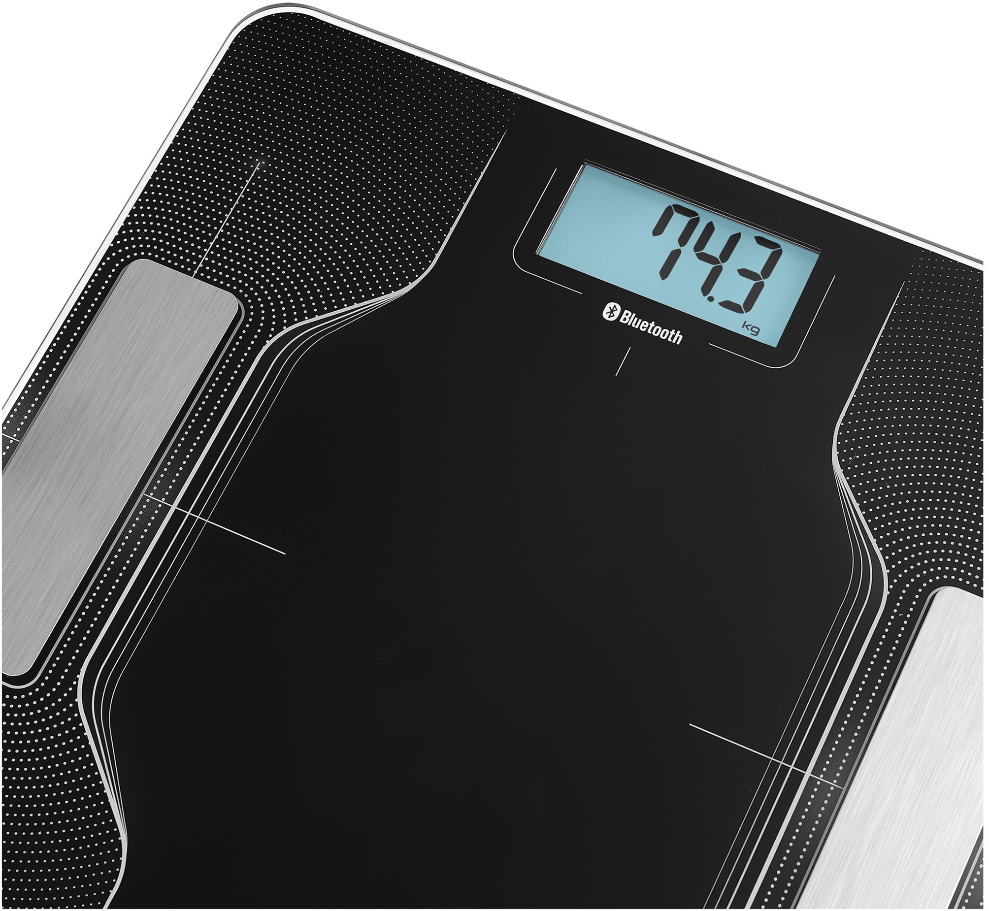 Fekete-ezüst digitális mérleg, 74,3 kg-ot mutat, Bluetooth logó látható.