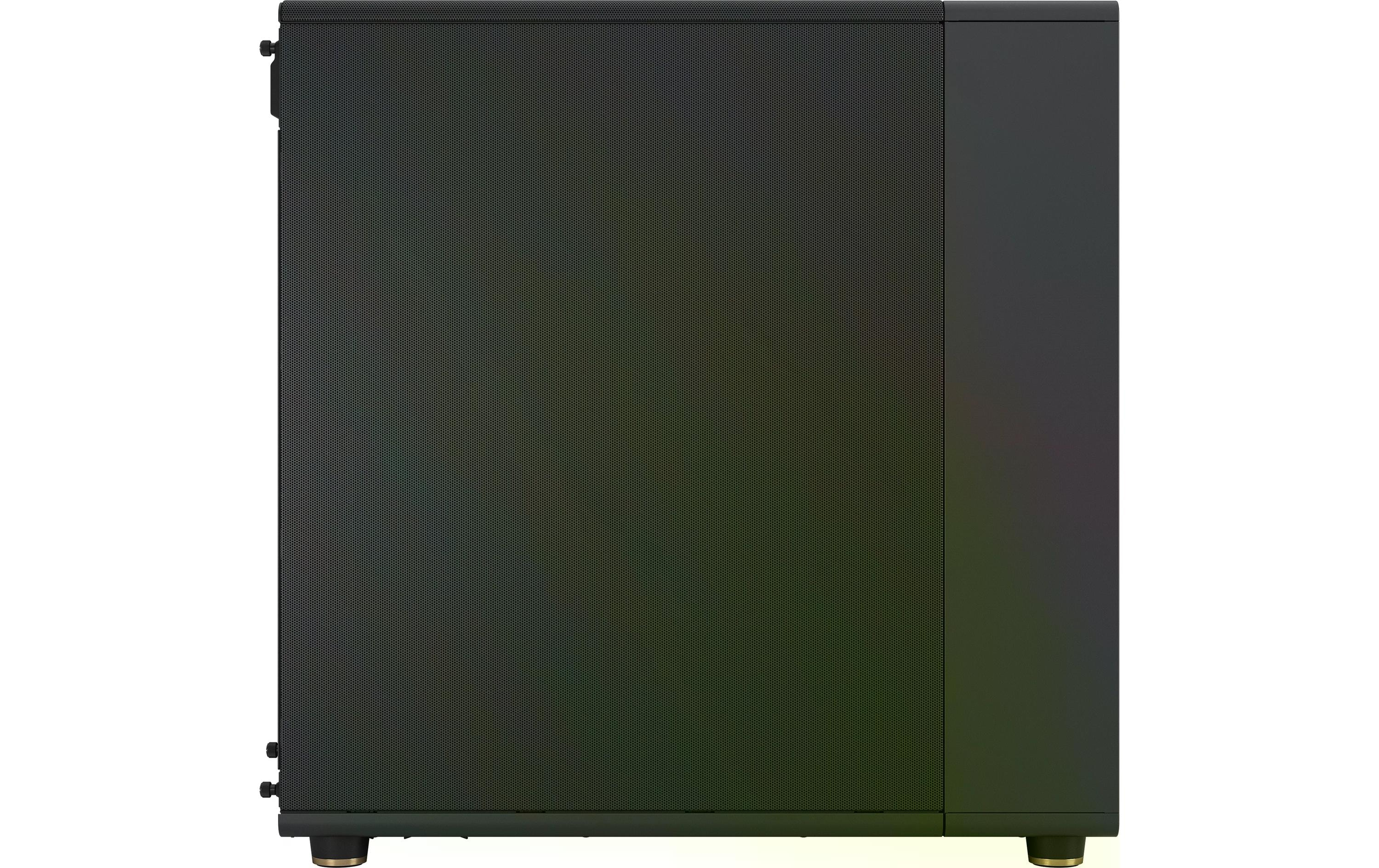 Ein schwarzes Computergehäuse steht vor weißem Hintergrund. Es hat eine perforierte Frontplatte und eine solide Seitenplatte.