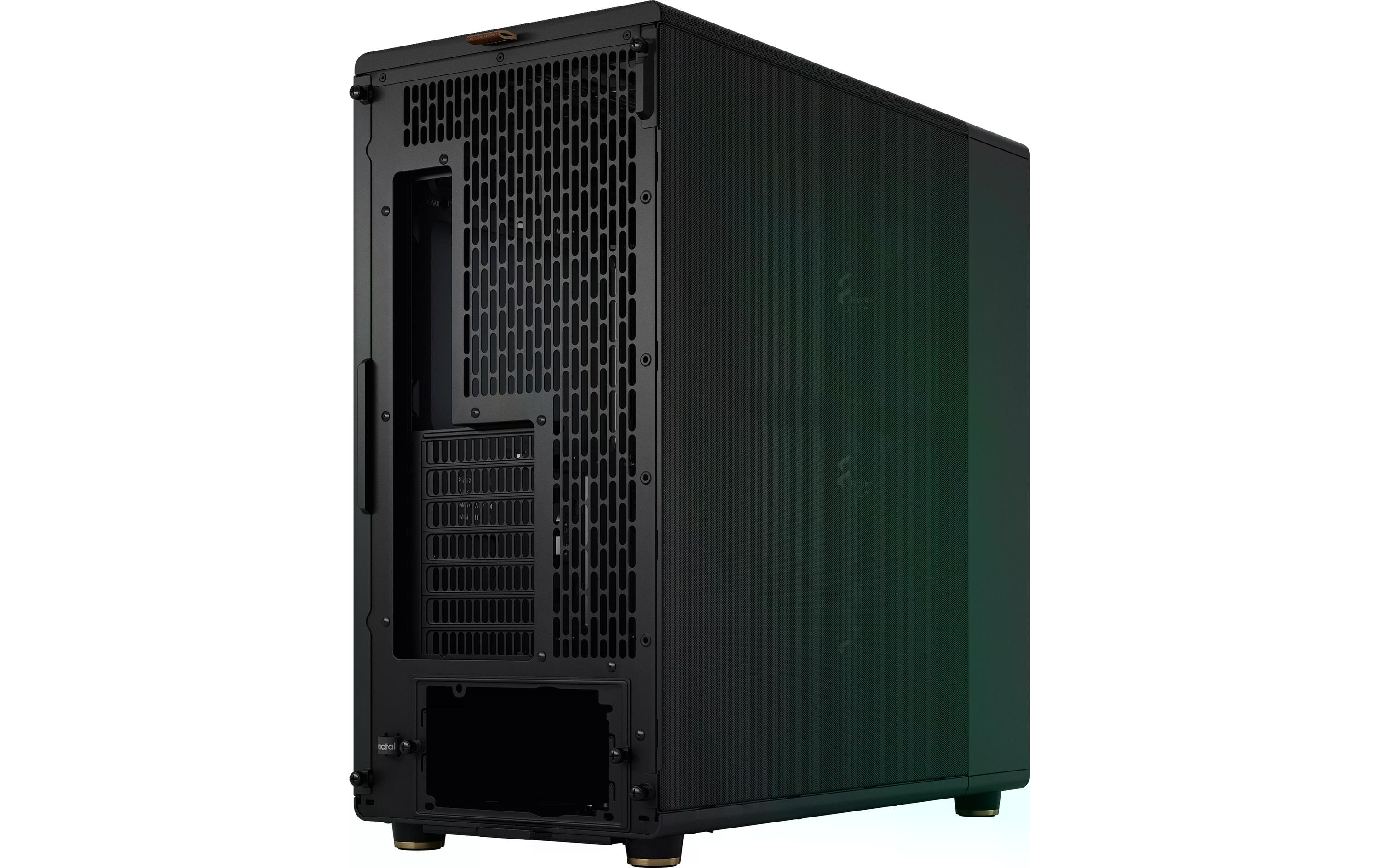 Schwarzes Computergehäuse mit Mesh-Front, Rückseite mit Belüftung und Seitenwand. Goldene Füße.