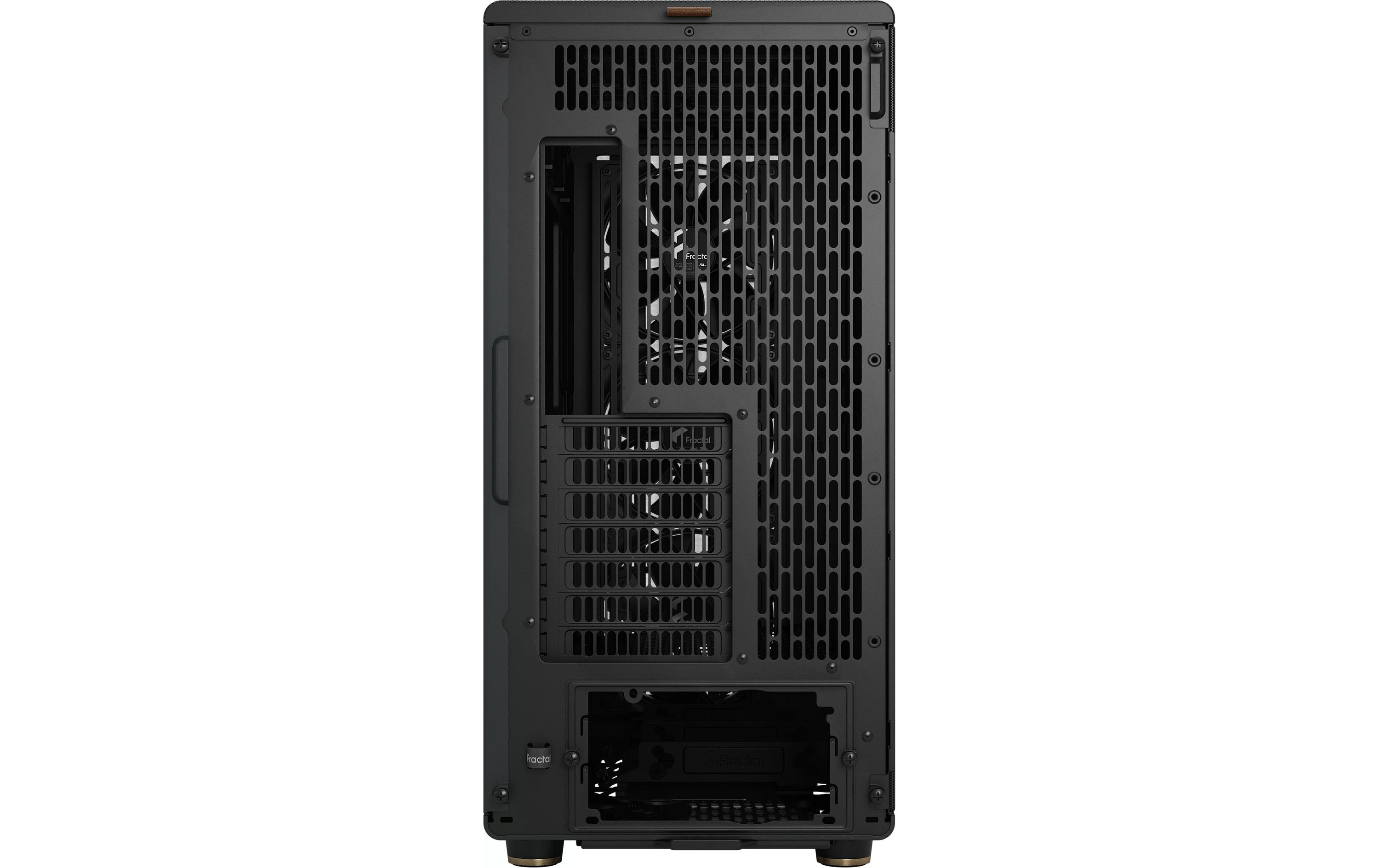 Schwarzes Computergehäuse mit Mesh-Front. Es hat mehrere Öffnungen für Lüfter und Komponenten.