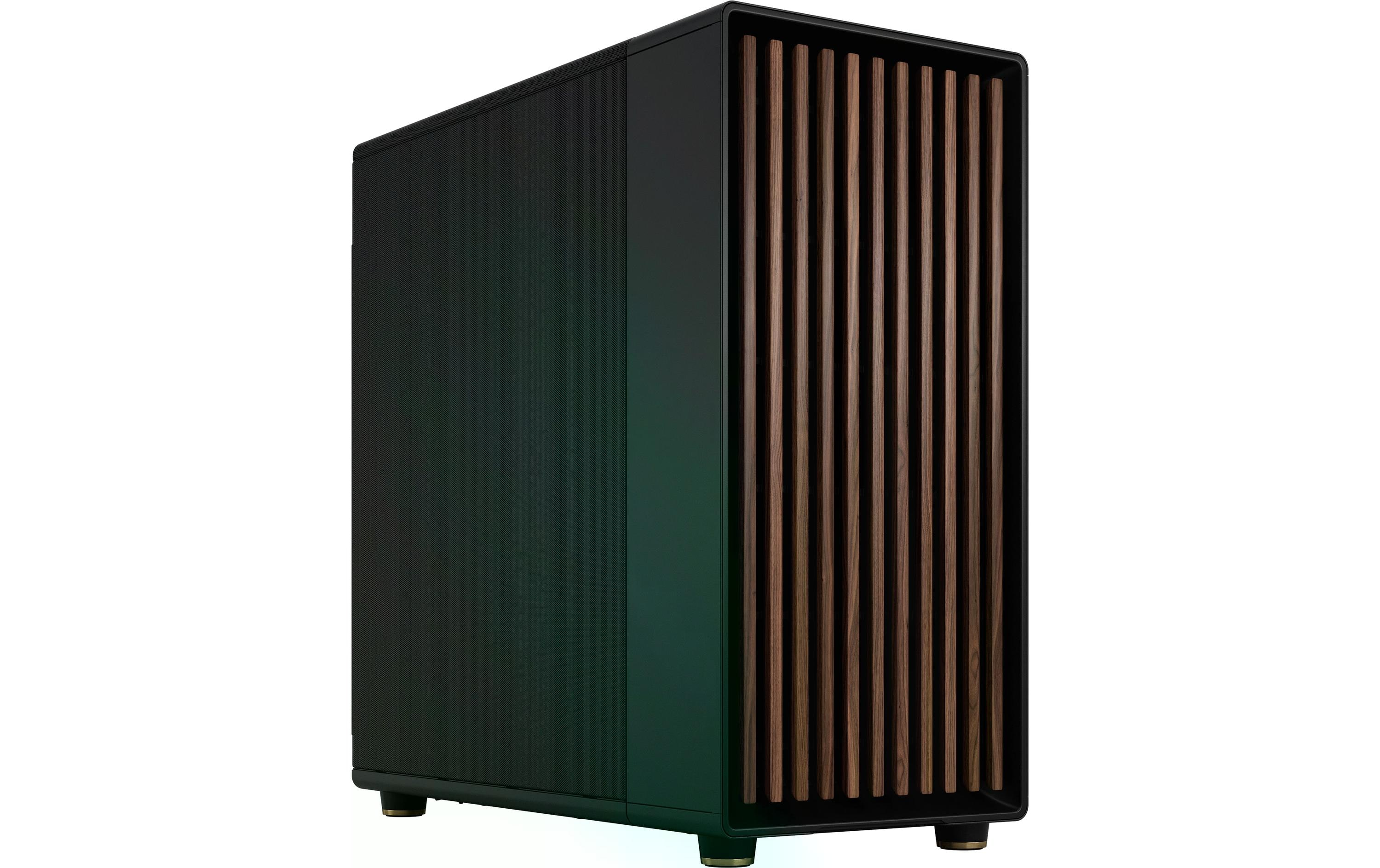 Schwarzes Computergehäuse mit Holzlamellen an der Vorderseite. Es hat eine grün getönte Seite und steht auf kleinen Füßen.
