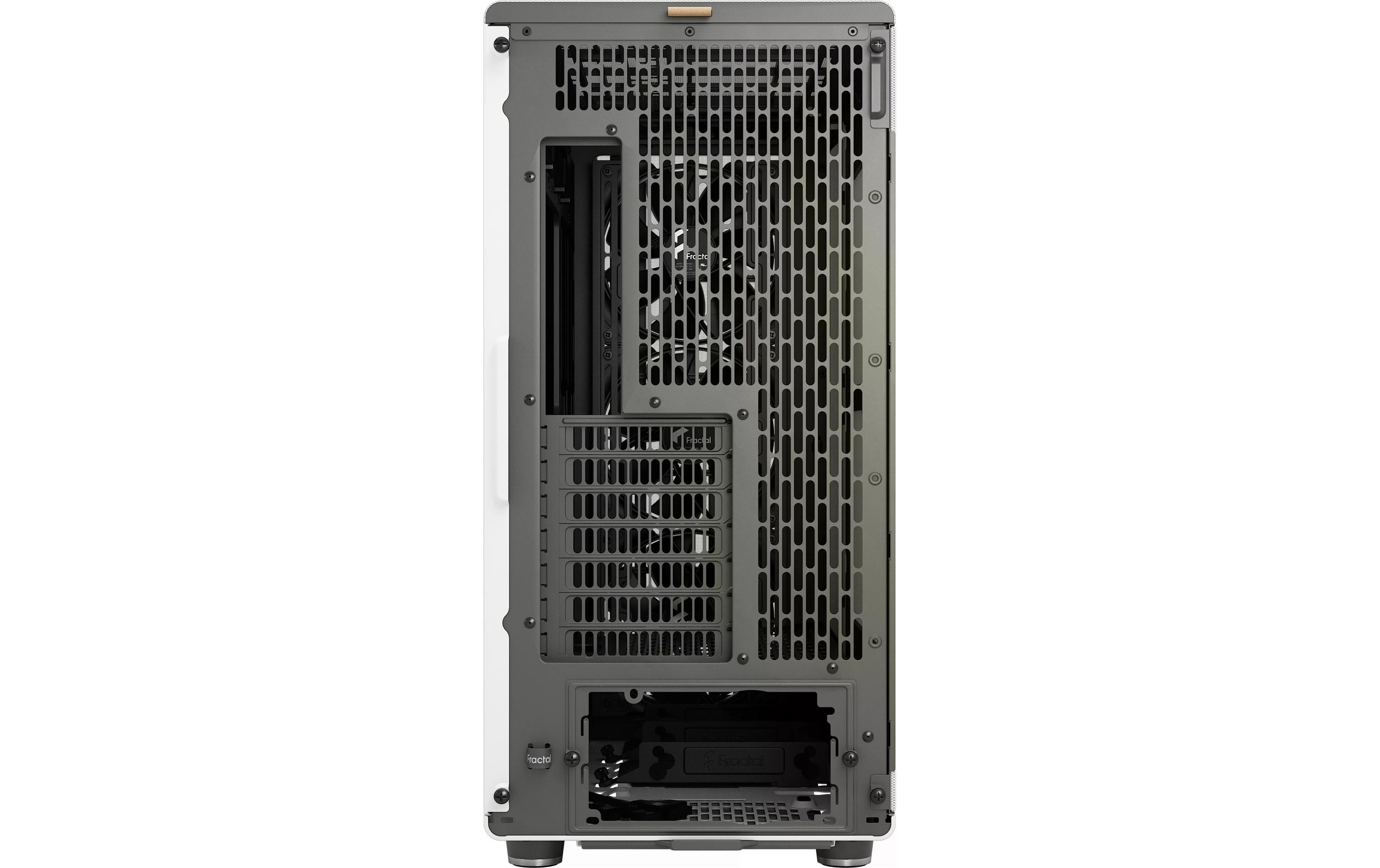 Rückansicht eines Computergehäuses. Grau und weiß, mit Belüftungslöchern und verschiedenen Anschlüssen.