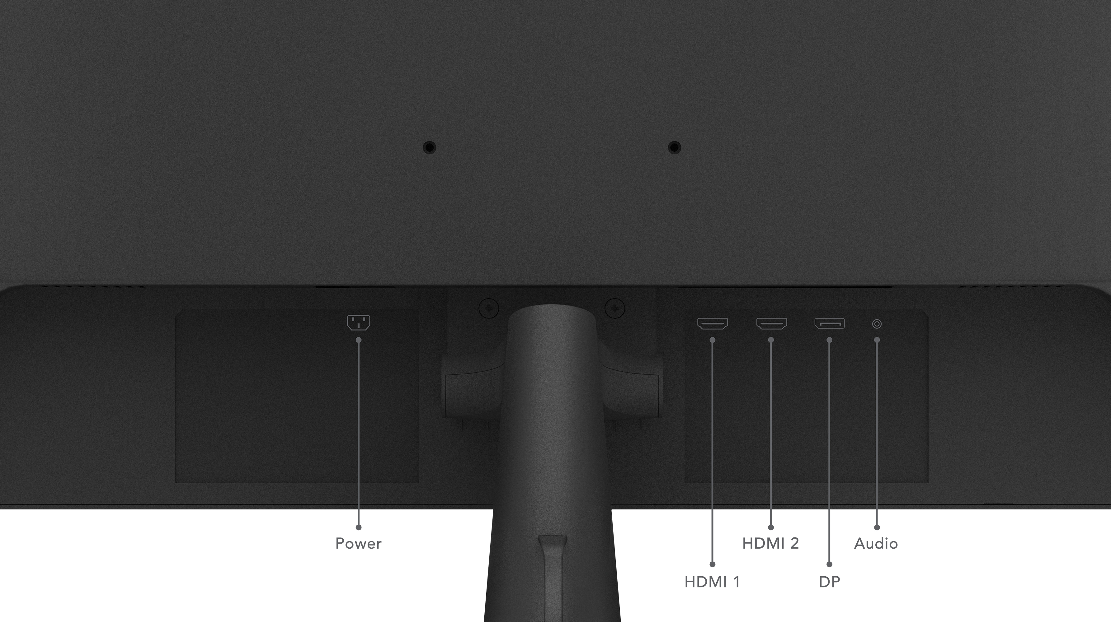 Widok z tyłu monitora z portami zasilania, HDMI i DP z etykietami.