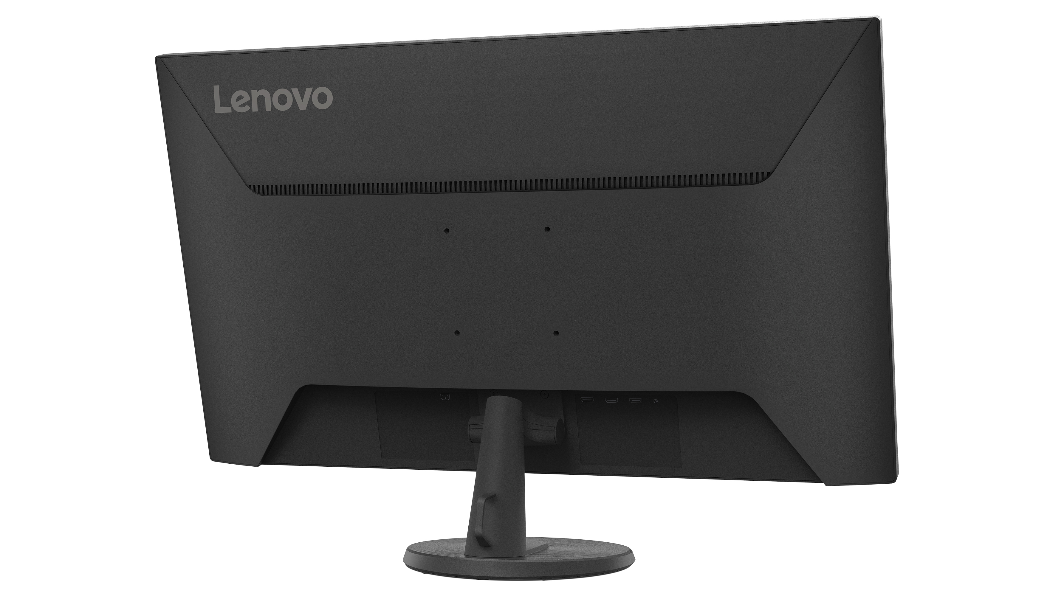 Czarny monitor Lenovo, widok z tyłu, pokazujący porty i podstawkę, na białym tle.