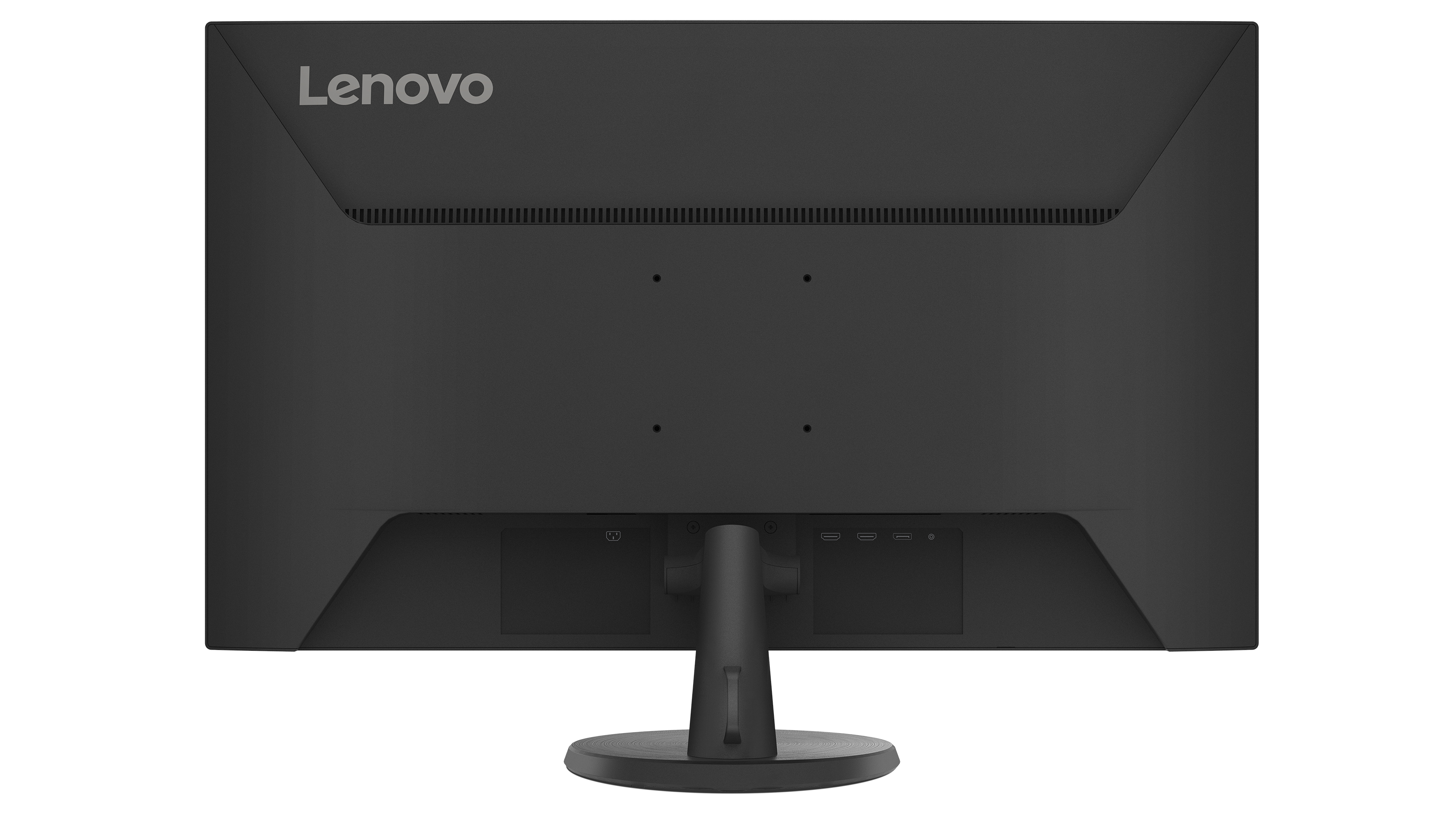 Widok z tyłu czarnego monitora Lenovo, pokazujący porty i stojak. Logo Lenovo u góry.