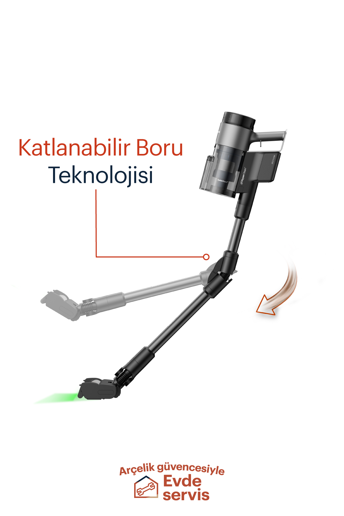 Katlanabilir Boru teknolojisine sahip elektrikli süpürge, hareket halinde gösteriliyor, beyaz zemin.