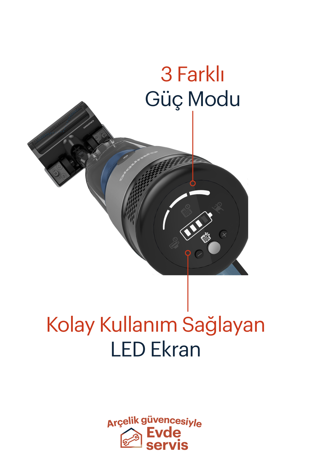 Siyah gövdeli ve ekranlı bir elektrikli süpürge, özelliklerini gösteren etiketlerle gösteriliyor.