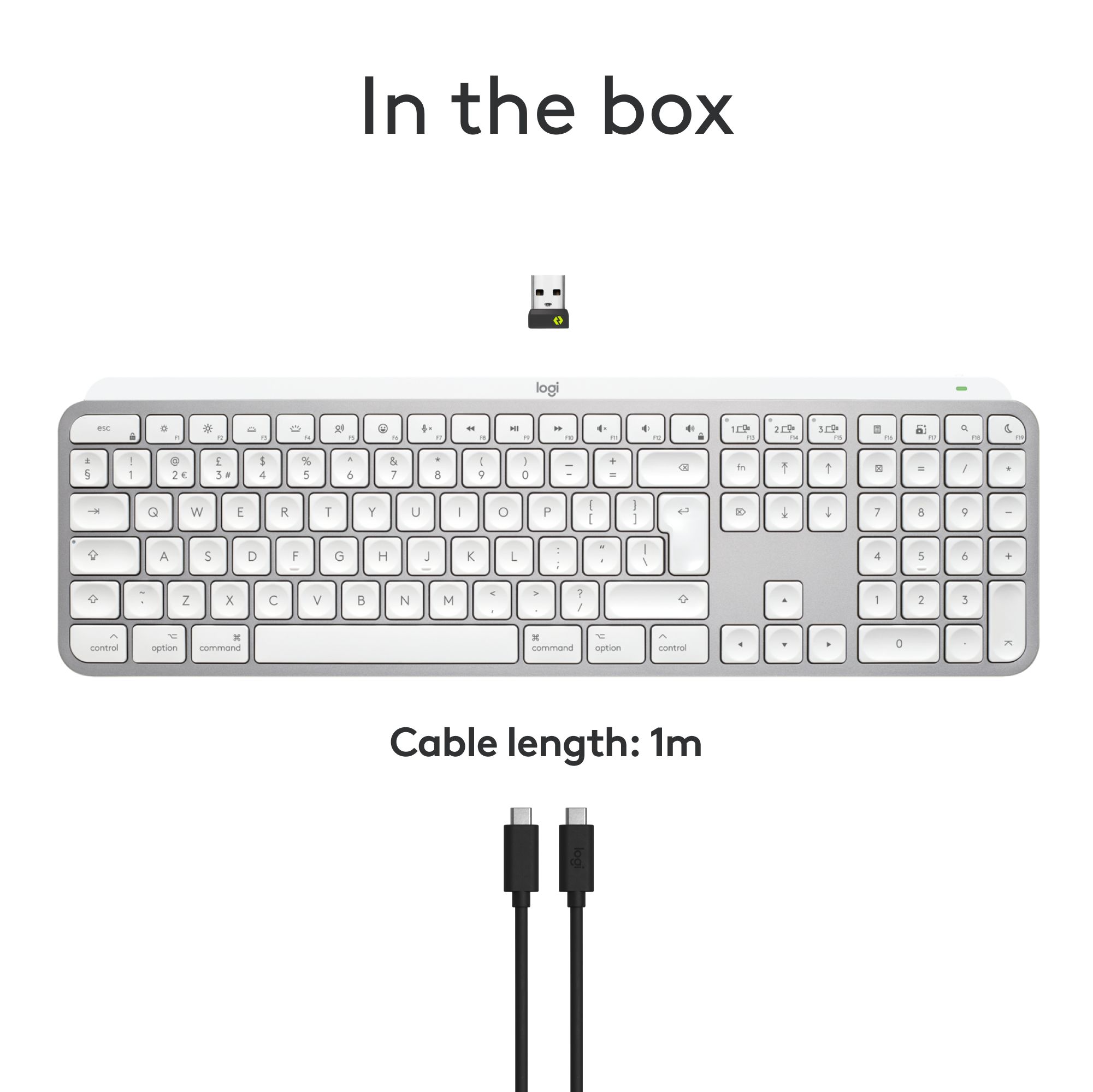 Eine weiße Tastatur mit silbernem Rahmen, ein USB-Dongle und zwei schwarze USB-C-Kabel.