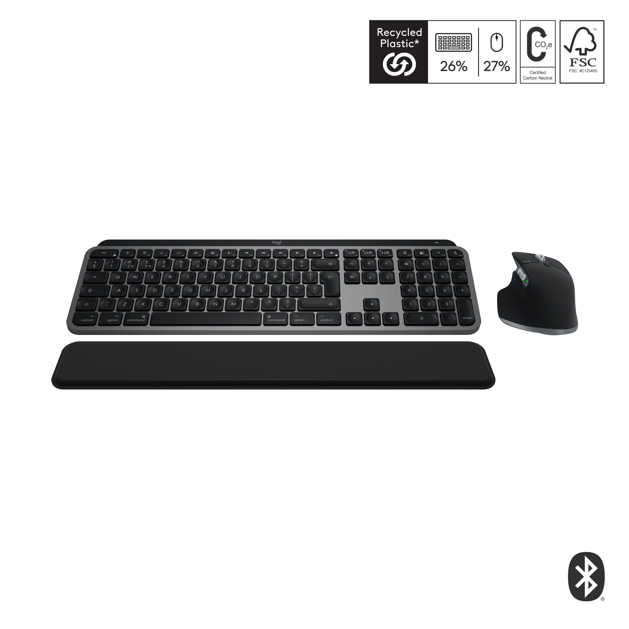 Logitech-Tastatur, Maus und Handgelenkauflage. Recycling-Kunststoff, klimaneutral, FSC-Logos.