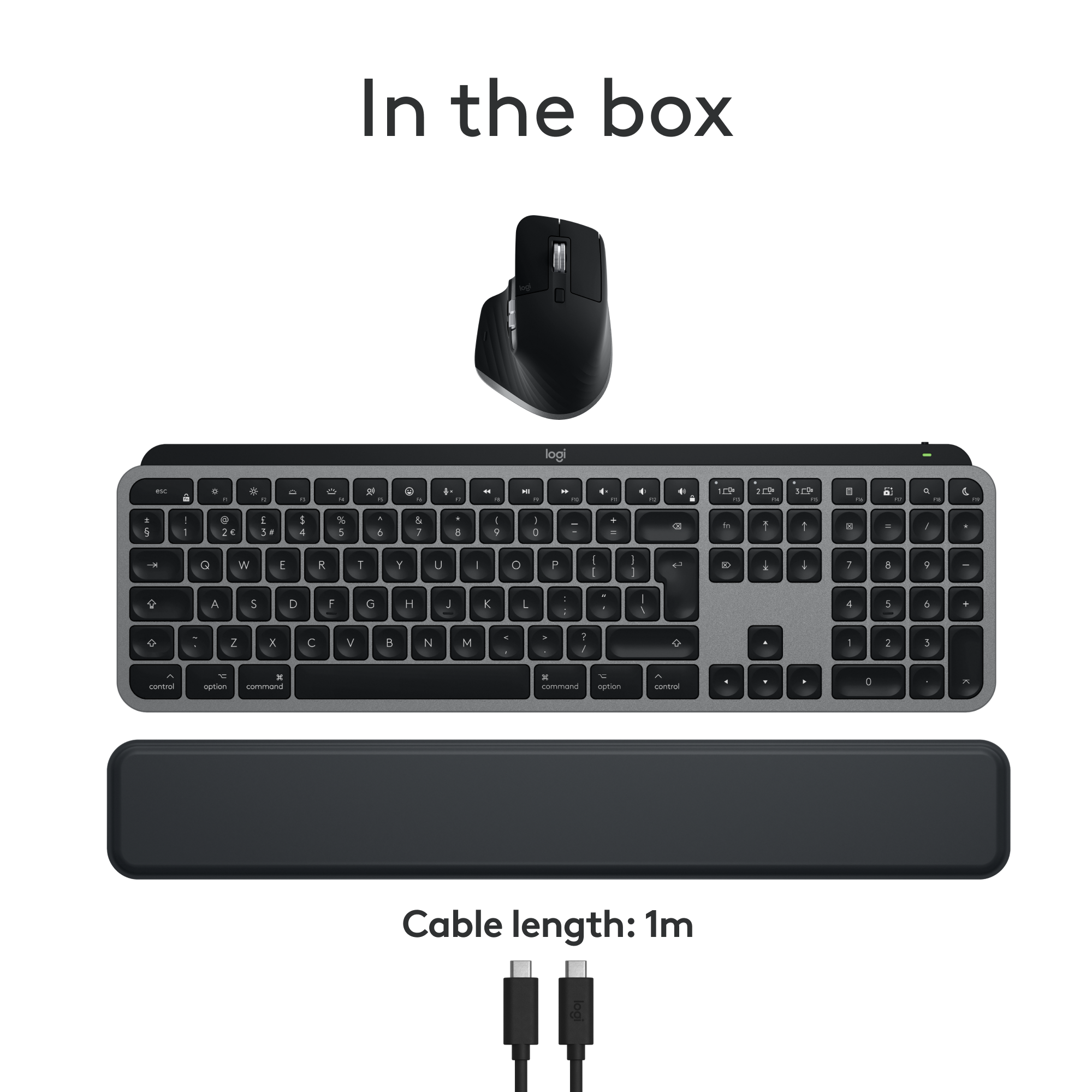 Tastatur, Maus und Handgelenkauflage in einer Box. Schwarz und grau.