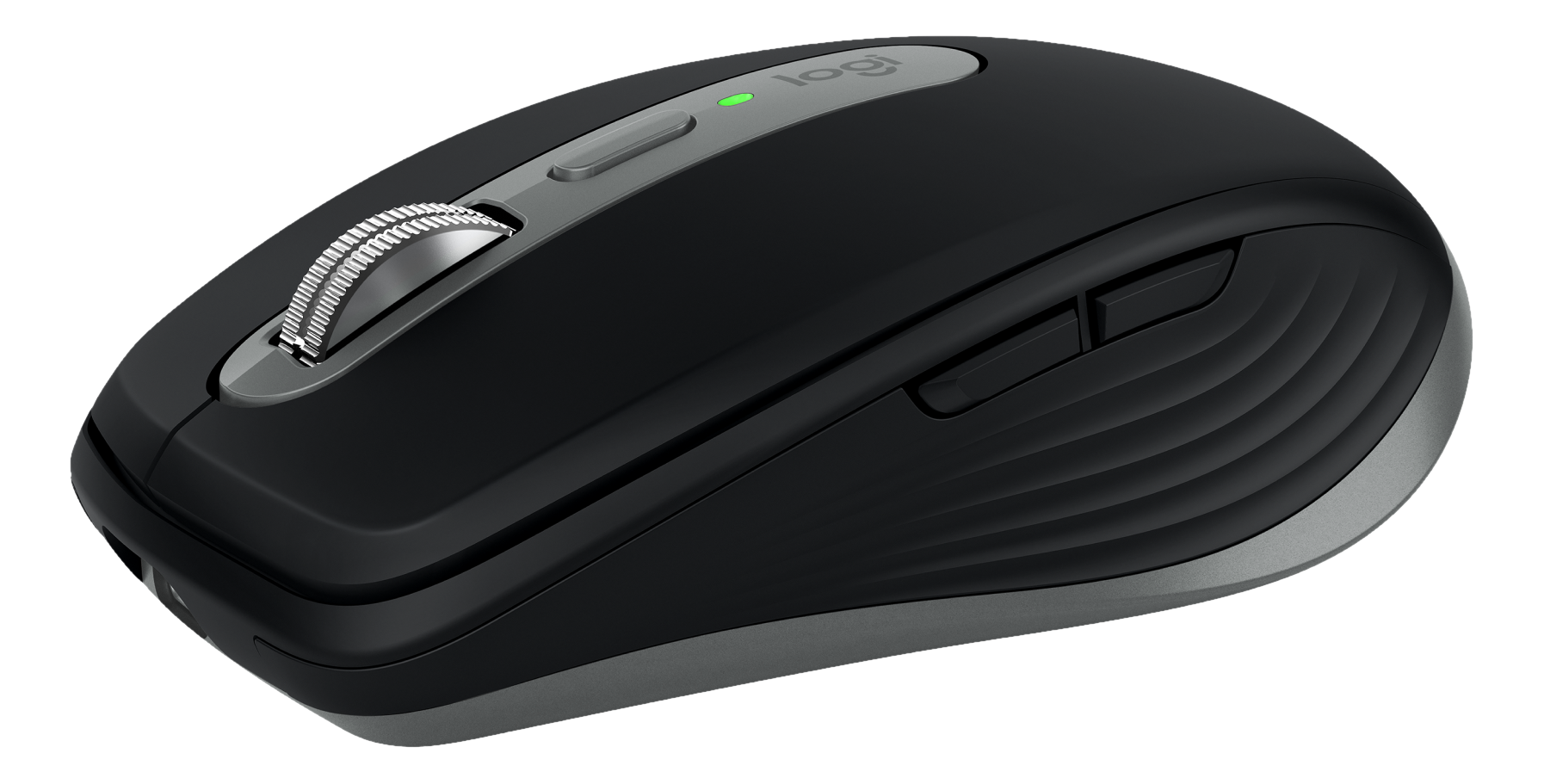 Schwarze und graue Logitech MX Master 3S Maus. Sie hat ein Scrollrad, Tasten und eine Ladeanzeige.
