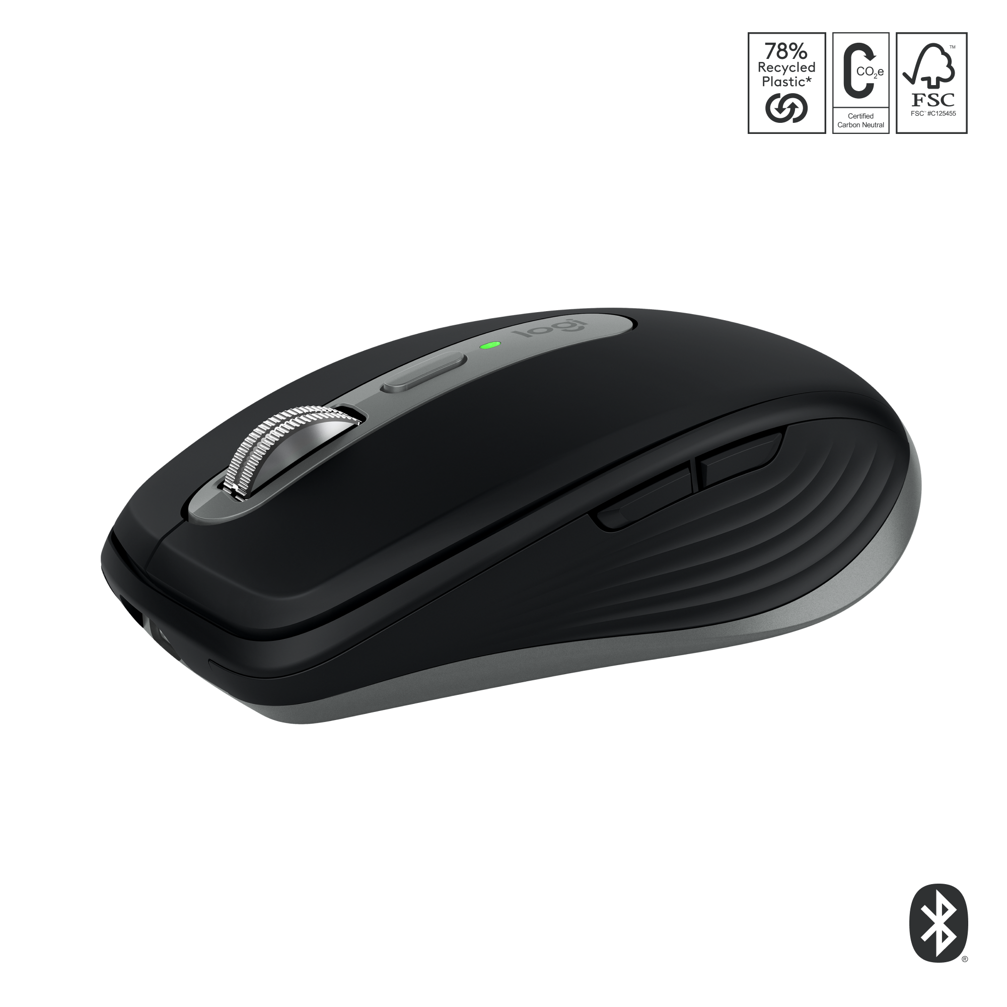 Eine schwarze kabellose Maus mit einem silbernen Scrollrad und zwei Tasten, sowie das Bluetooth-Logo.