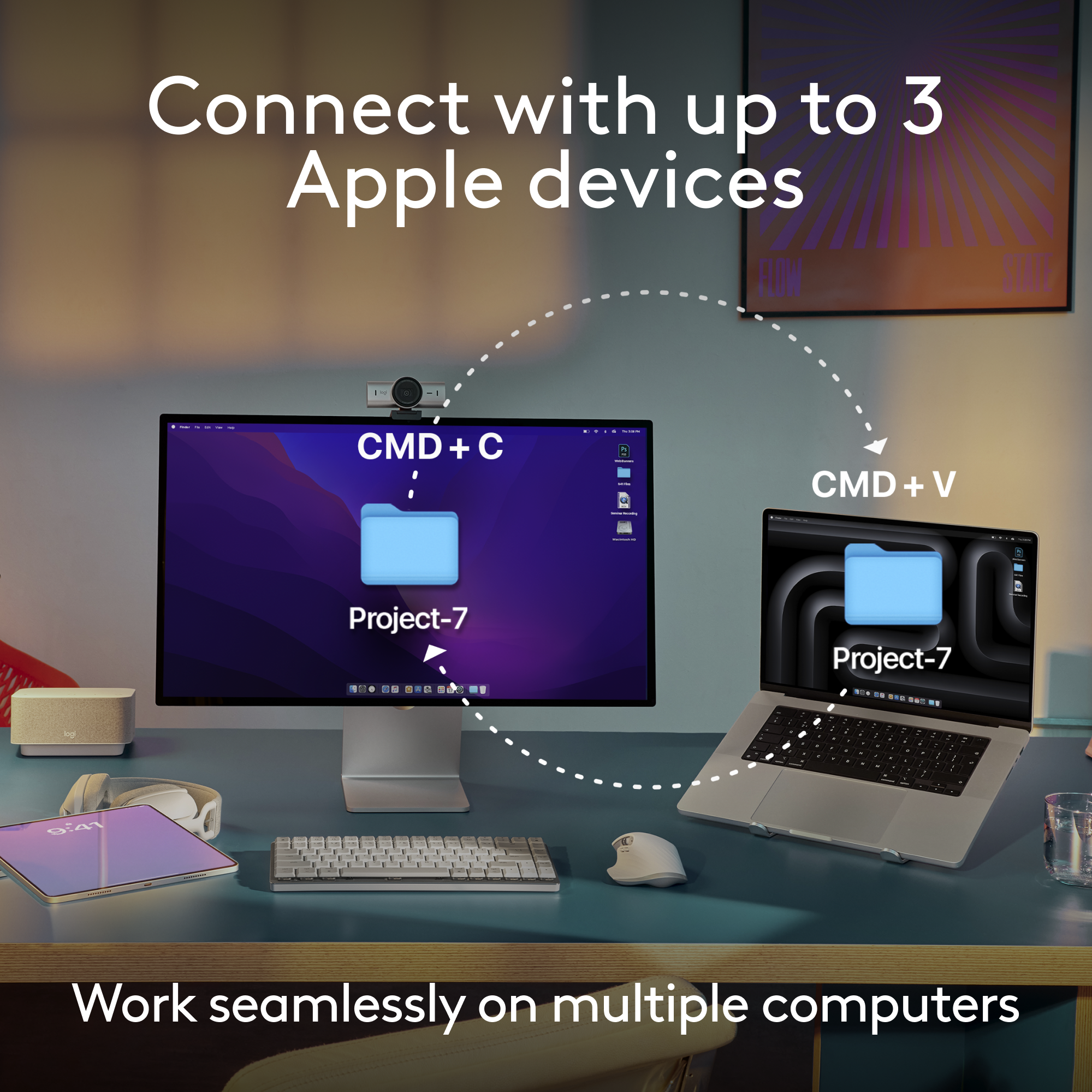 Ein Computer-Setup mit Monitor, Laptop, Tablet und Lautsprecher. Weiße Linien zeigen die Konnektivität.