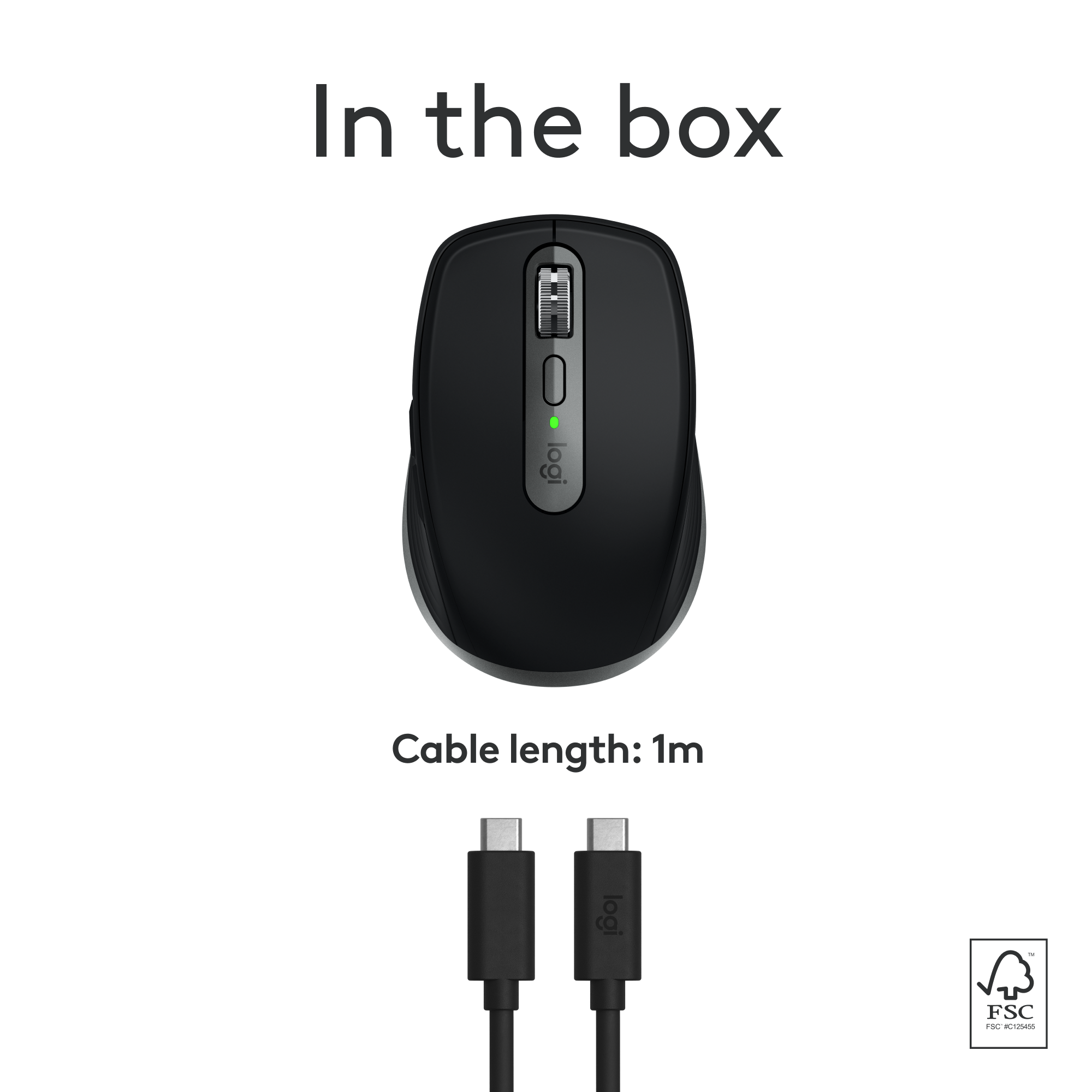 Eine schwarze Logitech-Maus mit USB-C-Kabel und dem Text 'In the box'.
