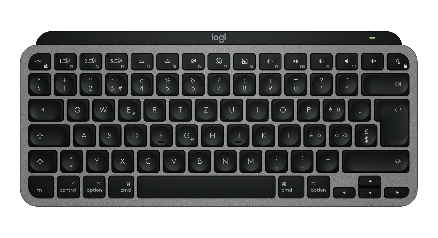 Draufsicht auf eine dunkelgraue Logi-Tastatur mit hellgrauen Tasten.