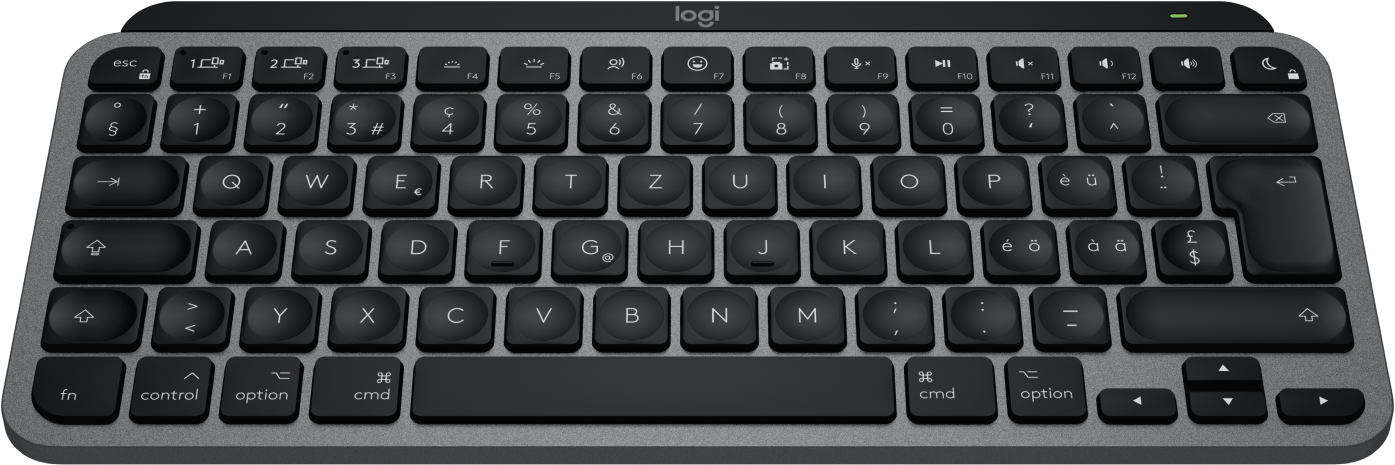 Schwarze und graue Tastatur mit vielen Tasten. Logi-Logo ist sichtbar.