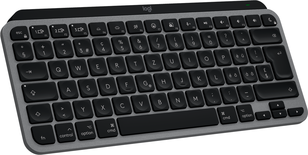 Eine grau-schwarze Tastatur mit vielen Tasten. Die Tastatur ist zum Betrachter hin abgewinkelt.