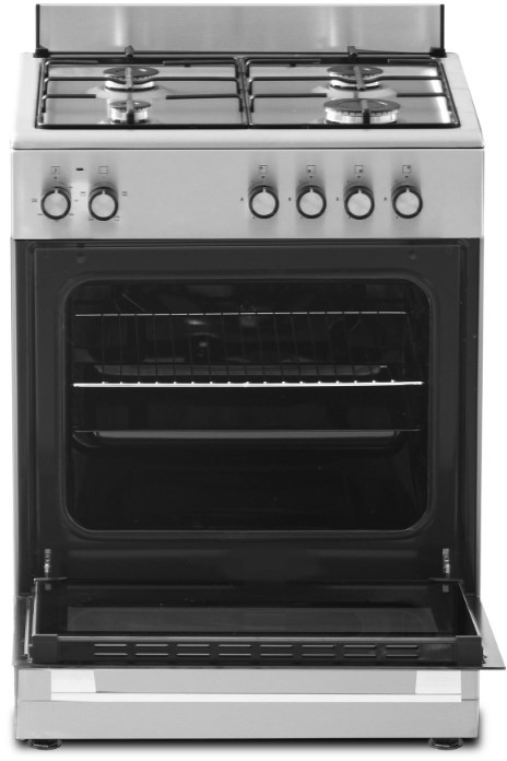 Stainless steel oven with open door. Four burners on top. Black interior.