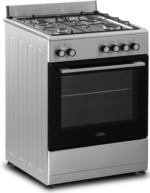 A silver and black gas stove. The stove has four burners and an oven below.