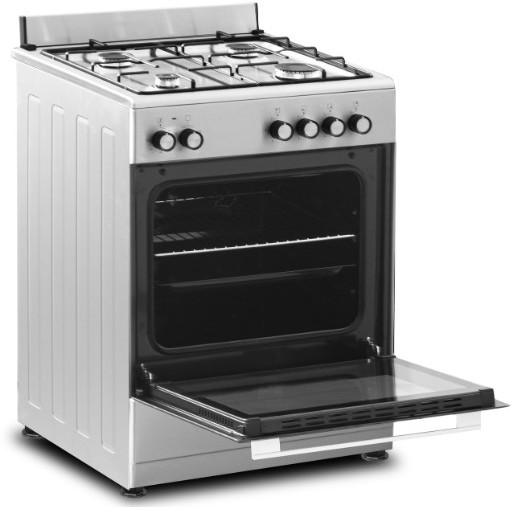 A silver and black gas stove with the oven door open.