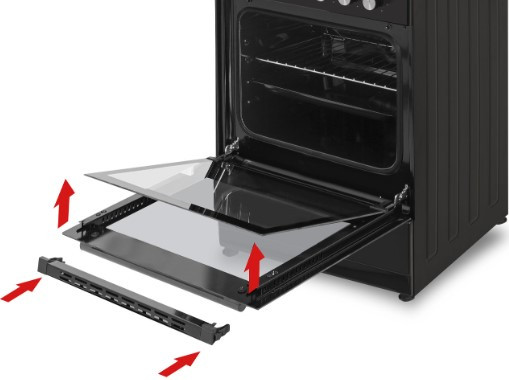 An oven with its door open and glass panels being removed, with red arrows indicating the process.