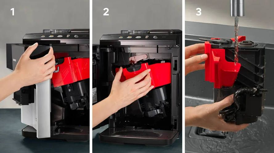 Abfolge von drei Fotos, die den Reinigungsprozess von Kaffeemaschinenteilen zeigen.