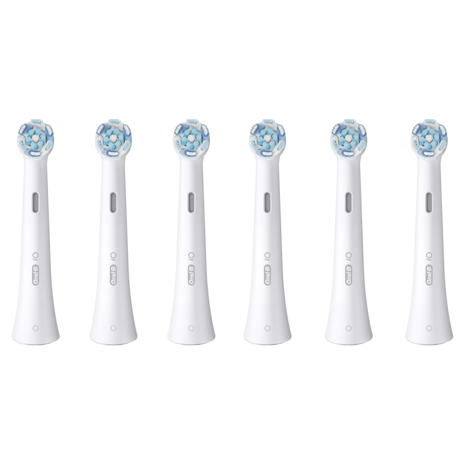 Six white toothbrush heads with blue and white bristles are arranged in a row.