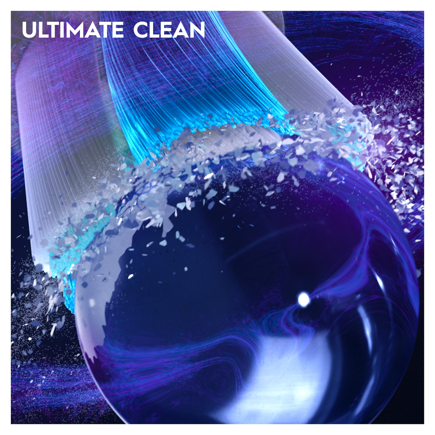 An abstract image with a blue sphere, surrounded by white and purple streaks.