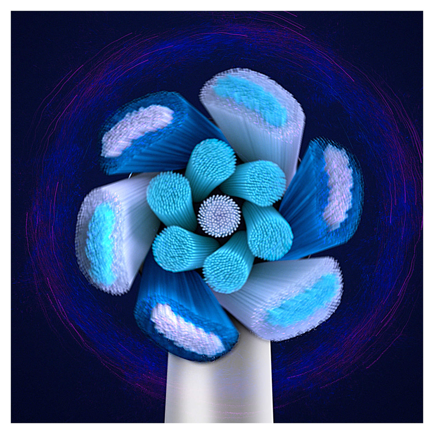Close-up of an electric toothbrush head with blue and white bristles, in a circular pattern.