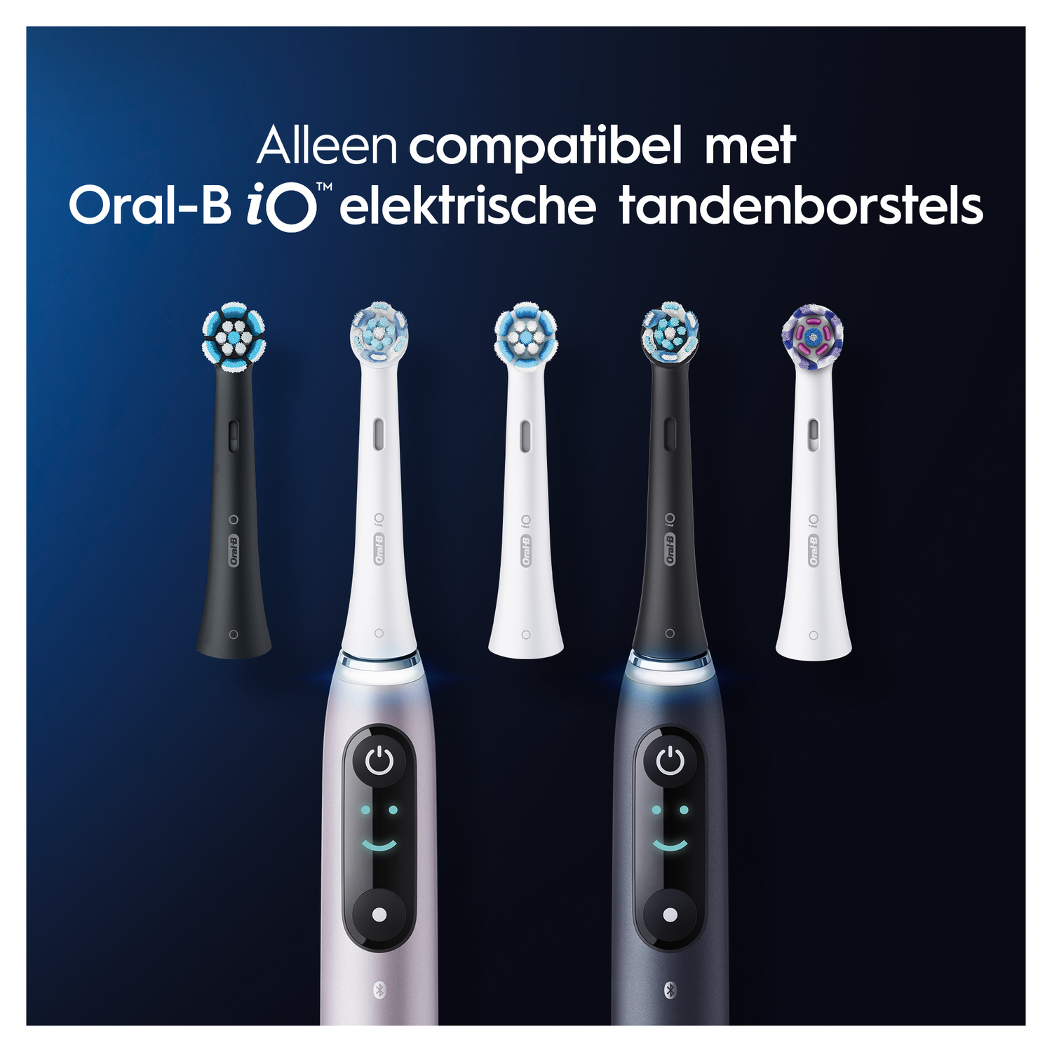 Electric toothbrush heads, various colors, with toothbrush base.