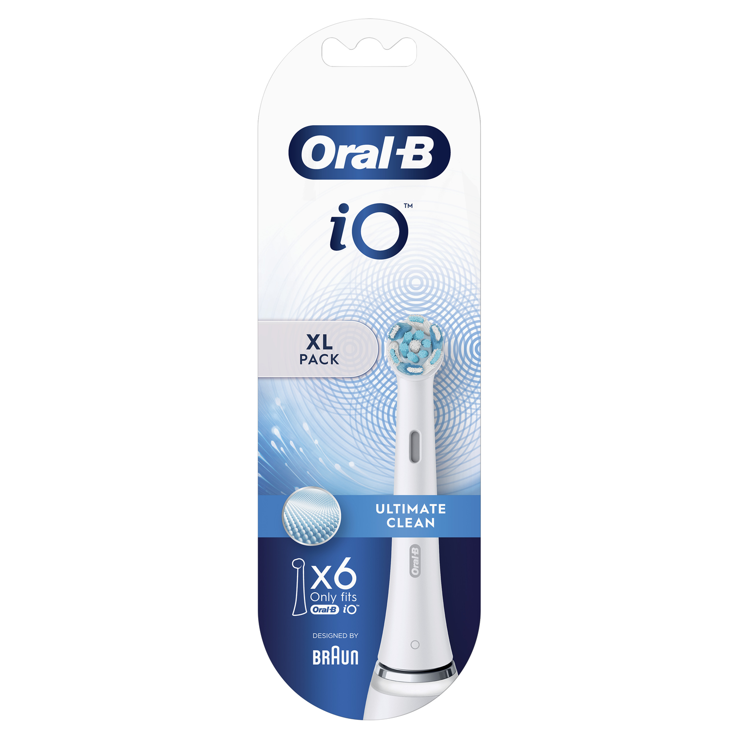 Oral-B toothbrush head package. The package is white and blue. The toothbrush head is white and blue. Text 'Ultimate Clean'.