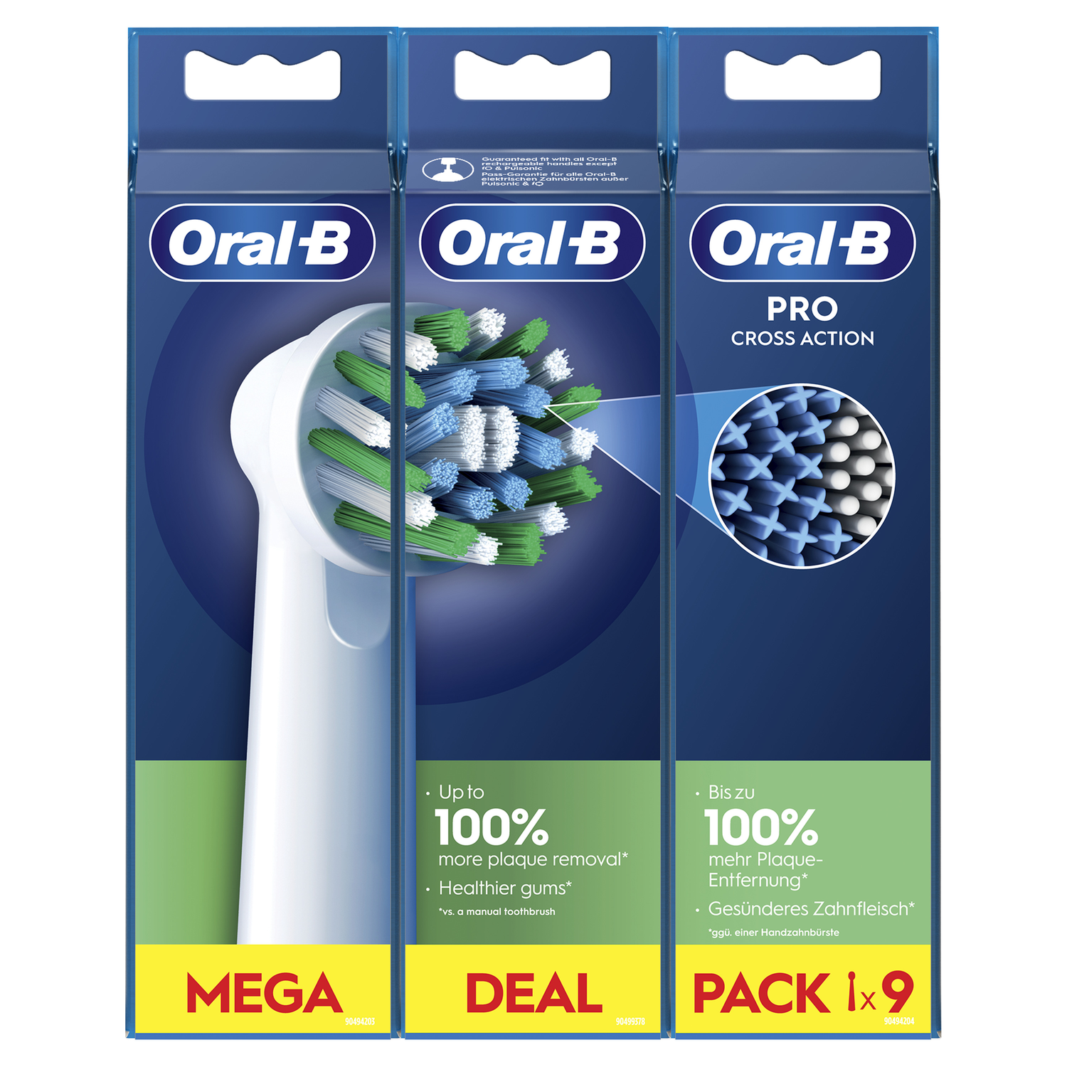 Drie dozen Oral-B tandenborstelkoppen. De koppen zijn wit en groen, met blauwe verpakking.