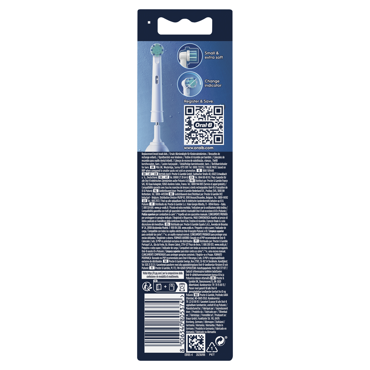 Oral-B tandenborstelkop verpakking met de borstelkop en details.
