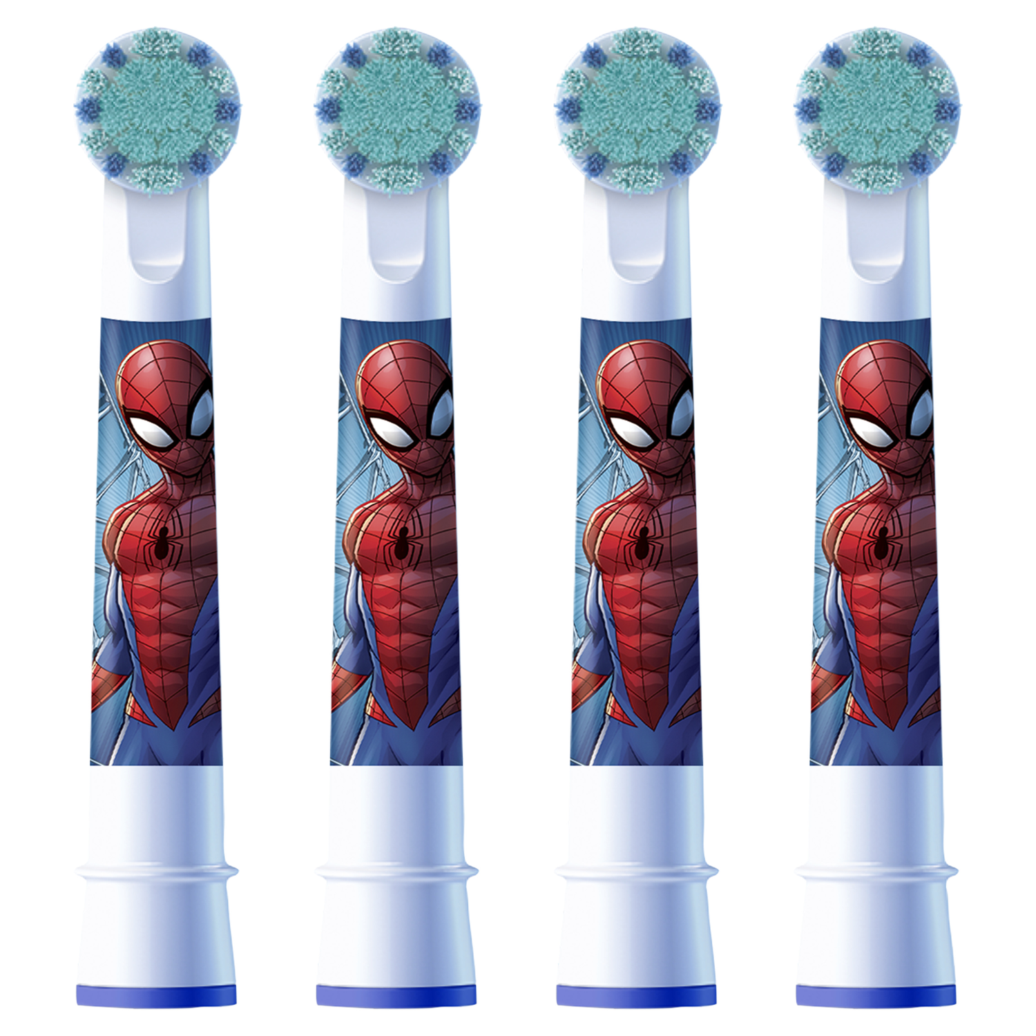 Vier rode en blauwe Spiderman tandenborstelkoppen. Elk heeft een Spiderman-gezicht.