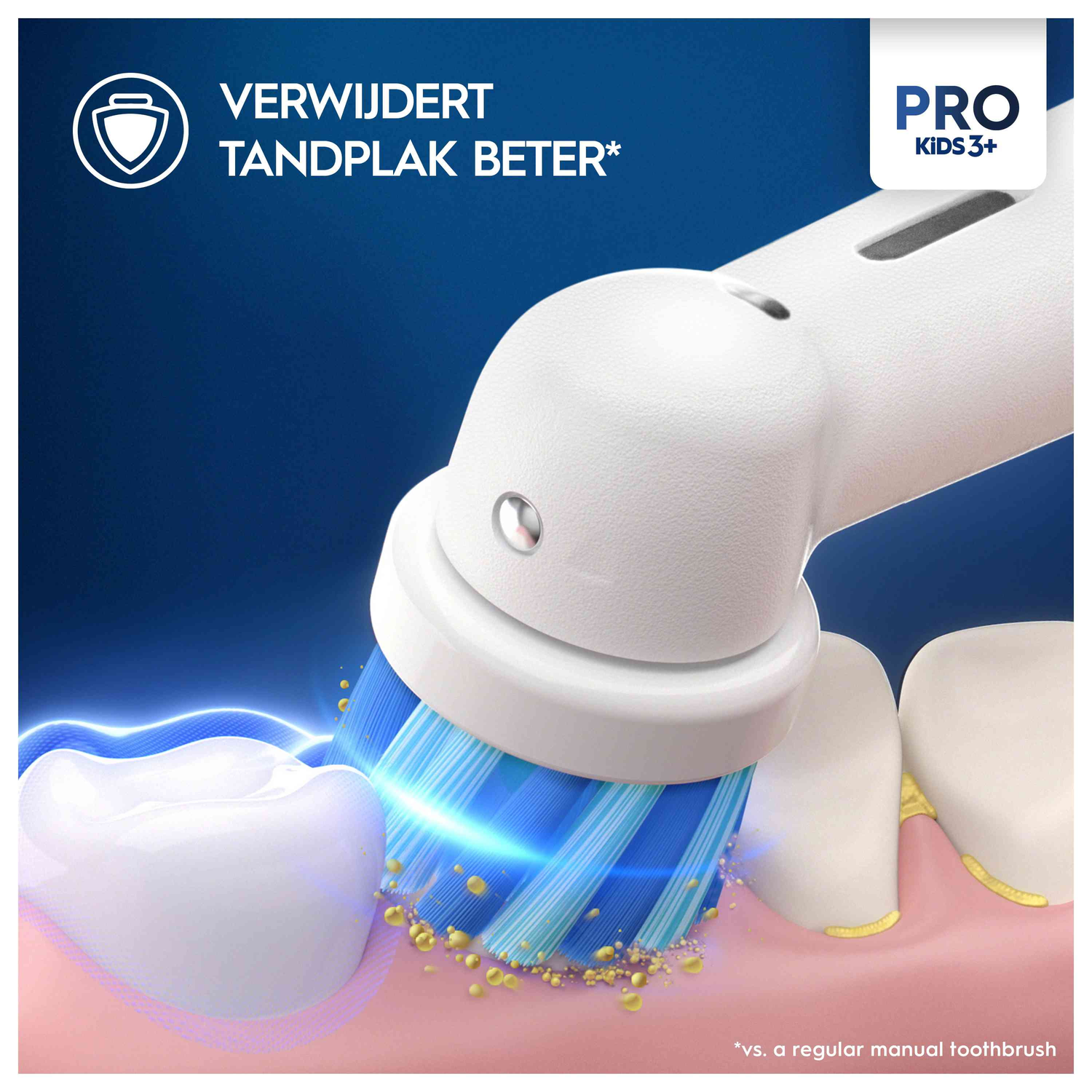 Een tandenborstelkop die tanden schoonmaakt, met de tandenborstelkop, tanden en reiniging. Pro Kids 3+ branding.