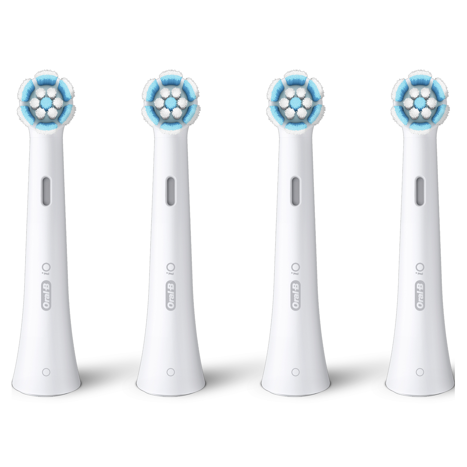 Four white Oral-B iO toothbrush heads with blue and white bristles, arranged in a row.