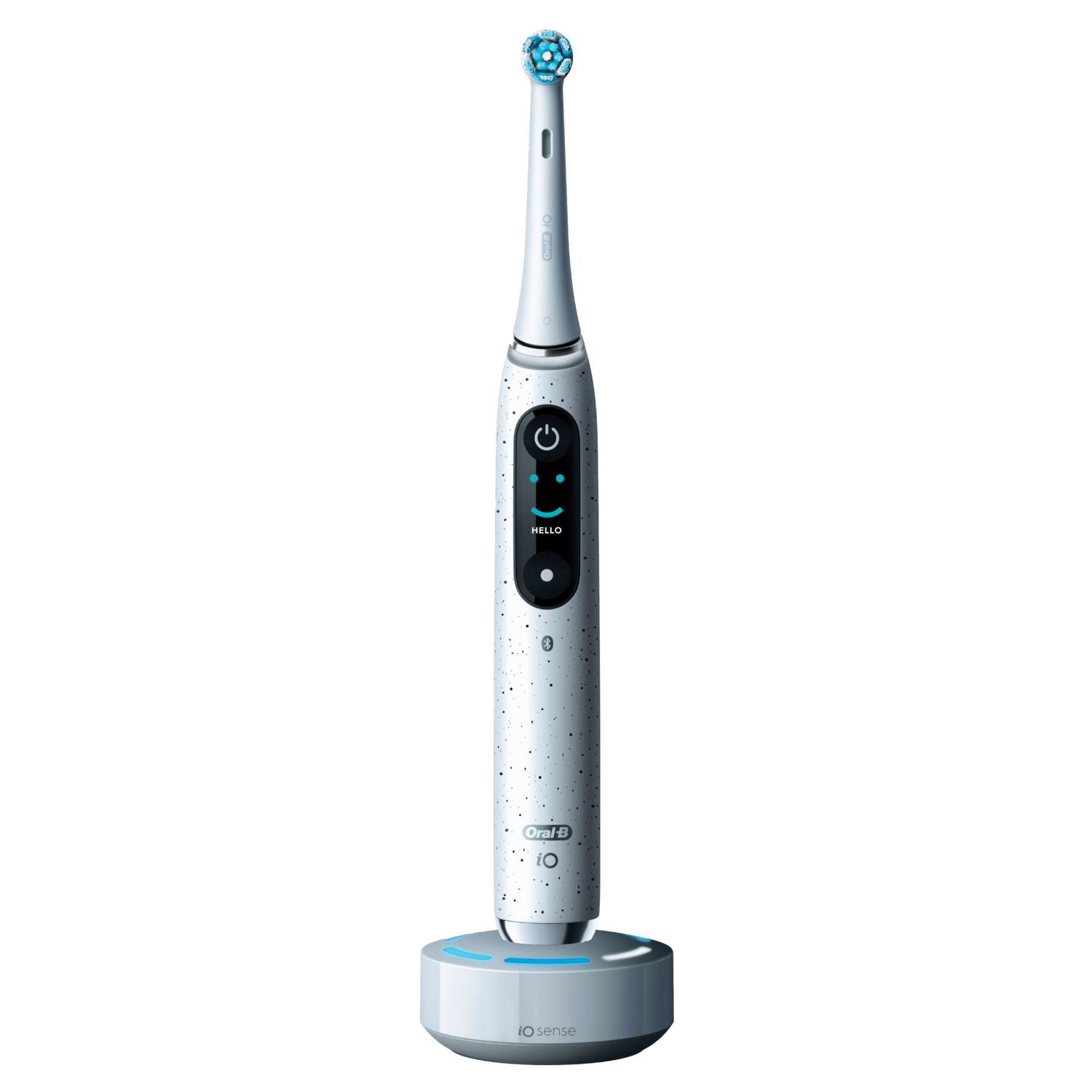White and silver electric toothbrush on a charging base. The brush has a 'HELLO' display.
