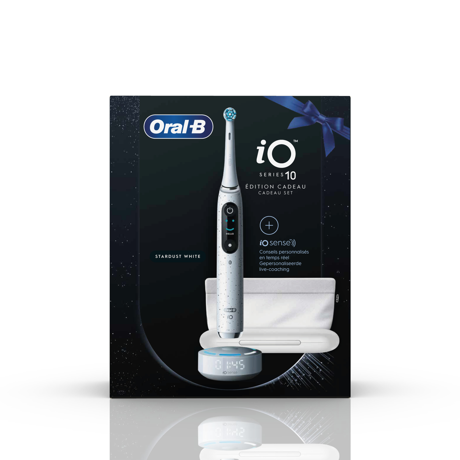 Oral-B iO Series 10 electric toothbrush set. White brush, charging stand, and travel case on a box.