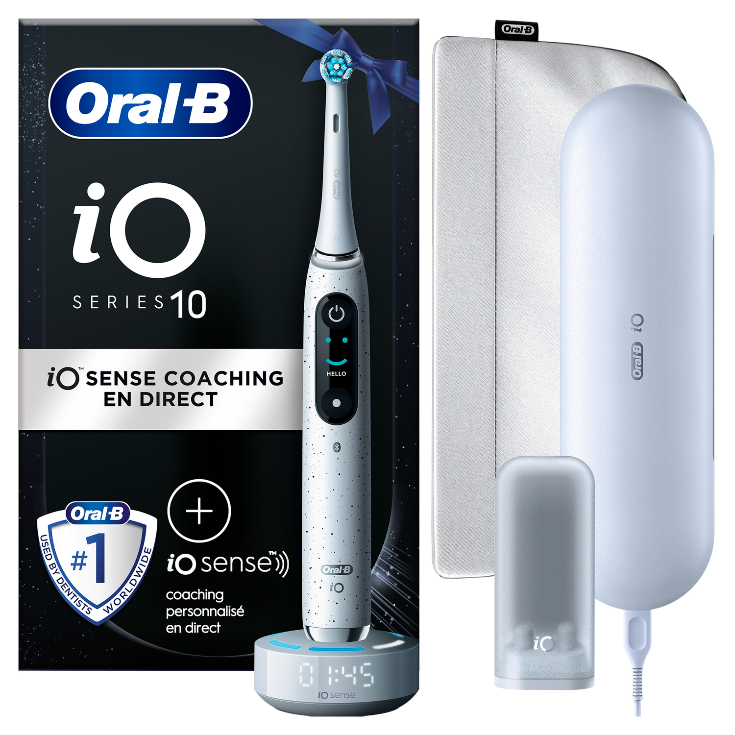 Electric toothbrush with display. White and silver. White charger and case. White background.