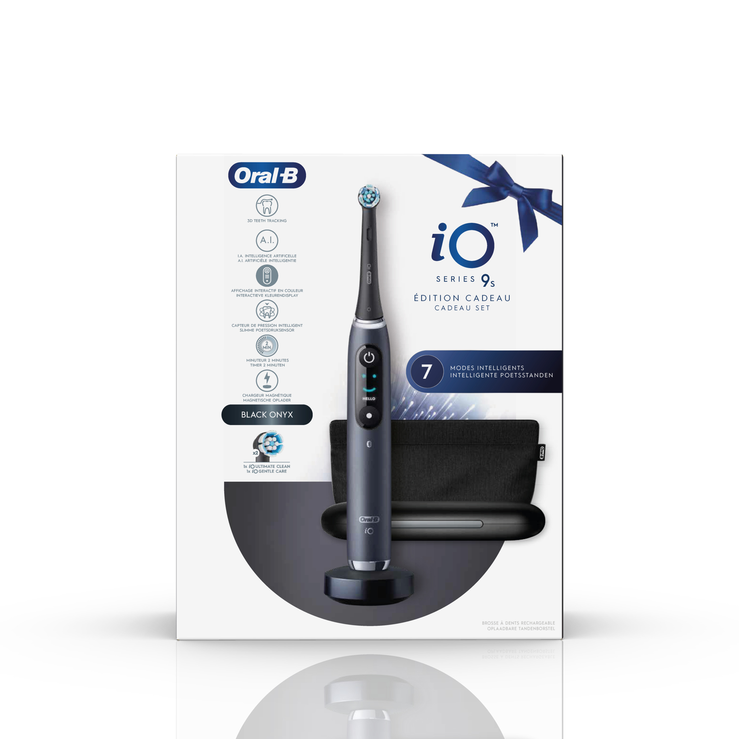 A product box of an electric toothbrush set with the toothbrush, charger, and case displayed.