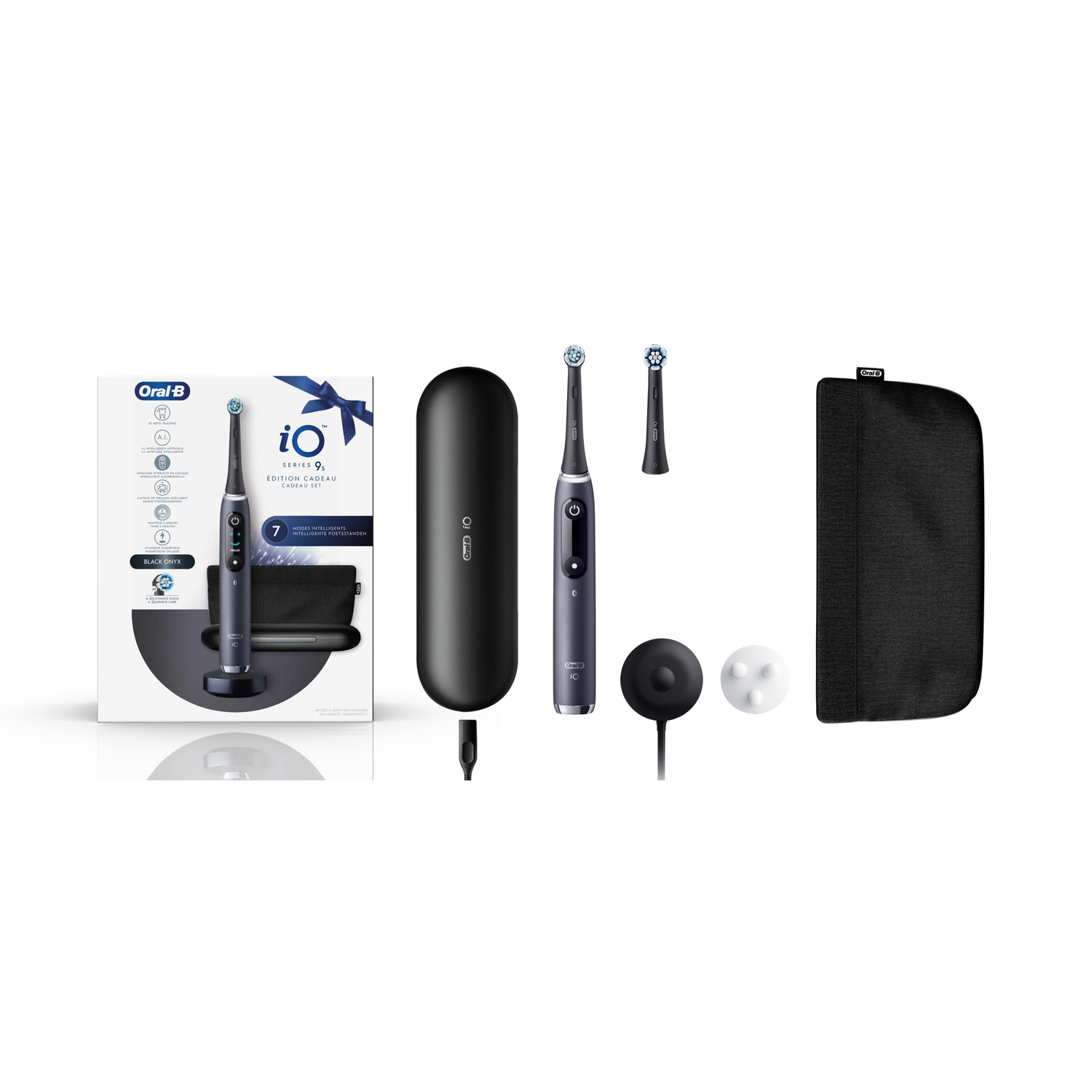 Oral-B iO series toothbrush kit. Includes toothbrush, charger, travel case, and brush heads.