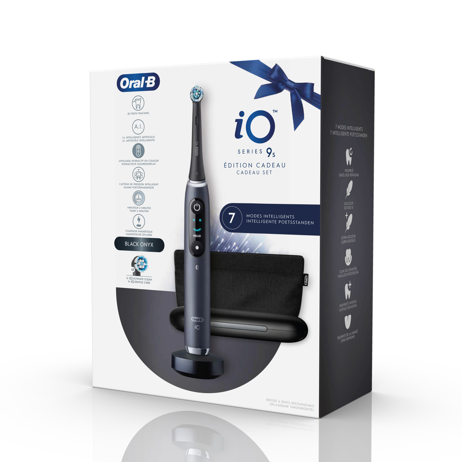 Black toothbrush box with a black electric toothbrush and accessories.
